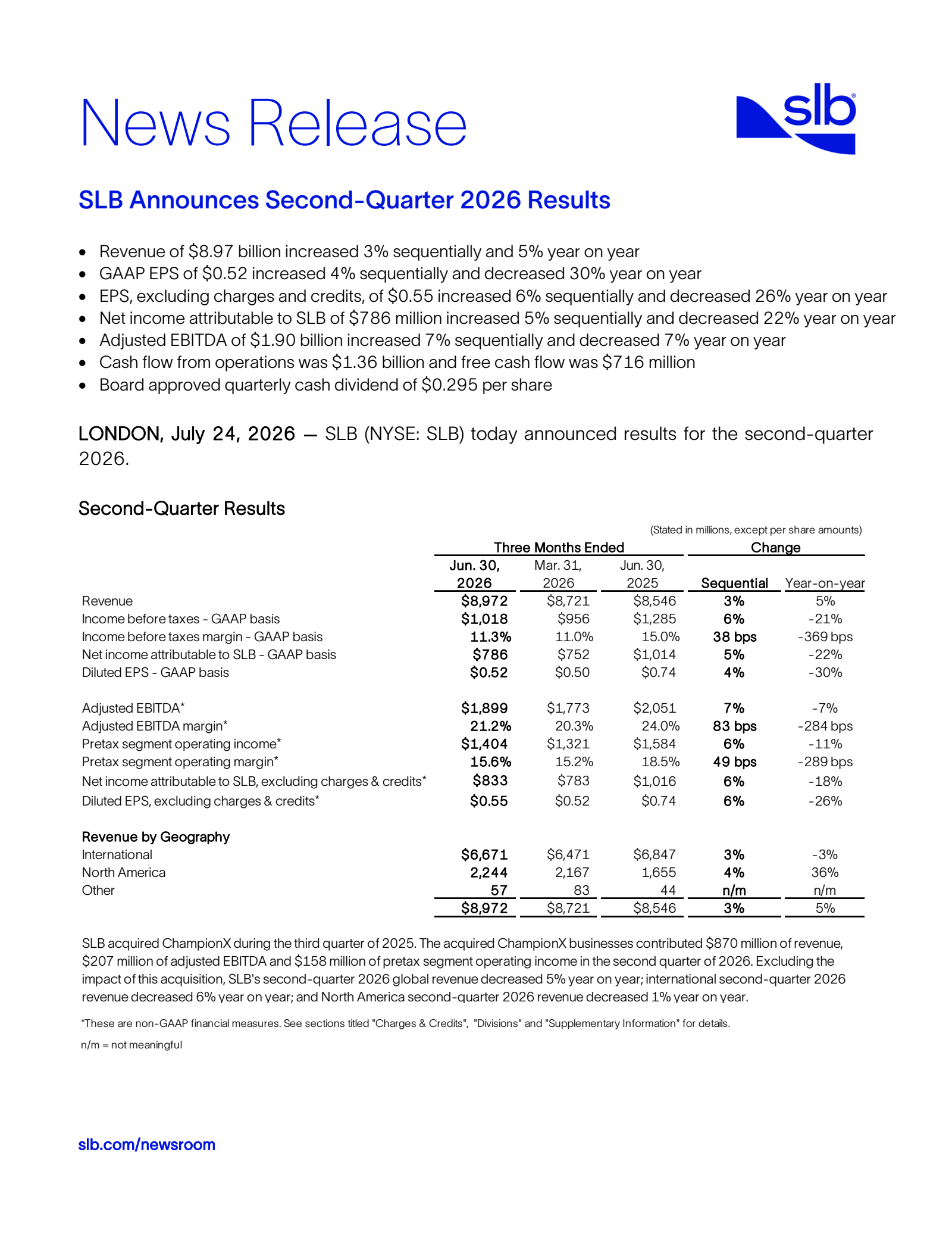 SLB's Q2 2026 Press Release