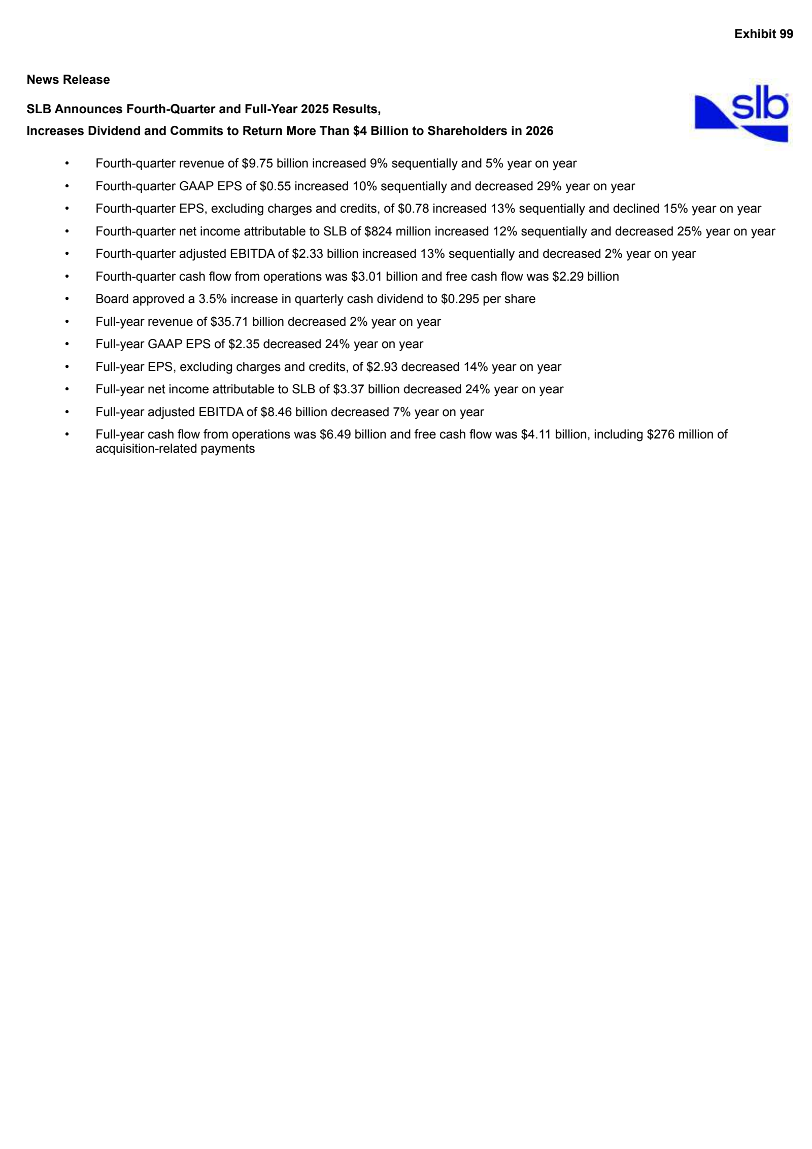 SLB's Q4 2025 Press Release