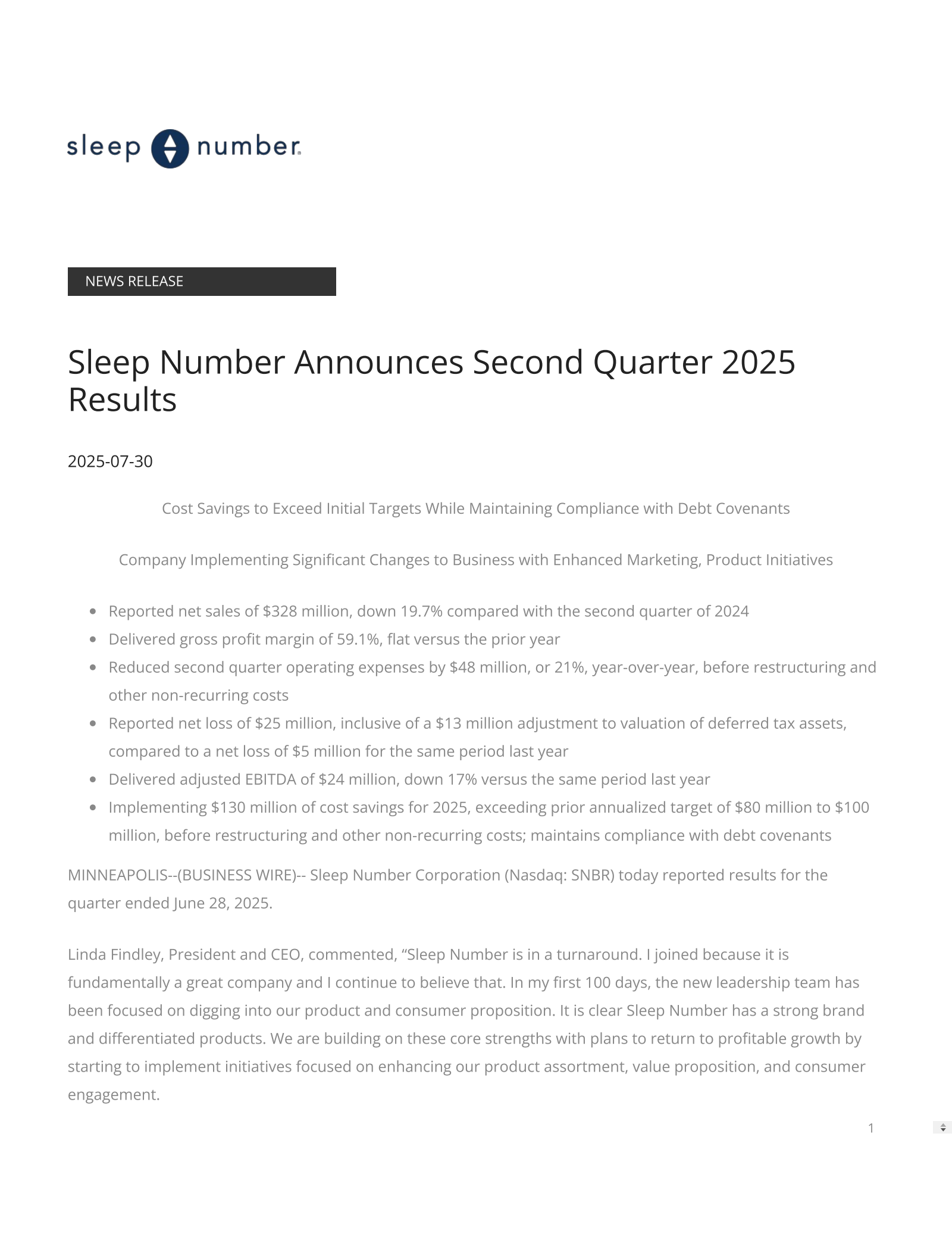 Sleep Number's Q2 2025 Press Release