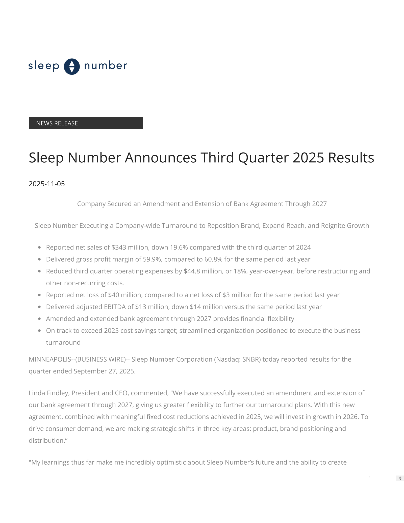Sleep Number's Q3 2025 Earnings Release