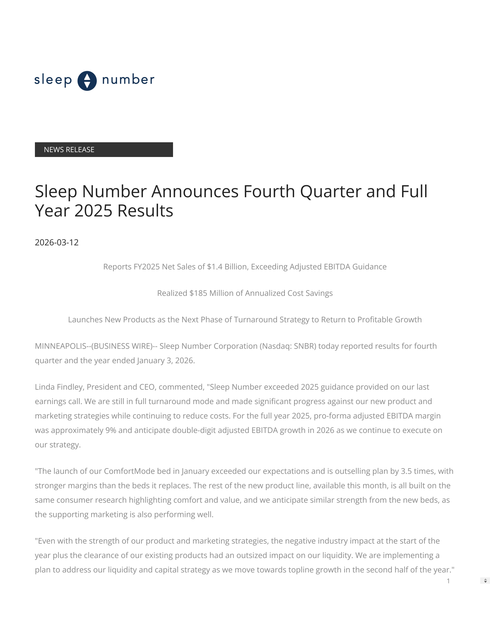 Sleep Number's Q4 2025 Press Release