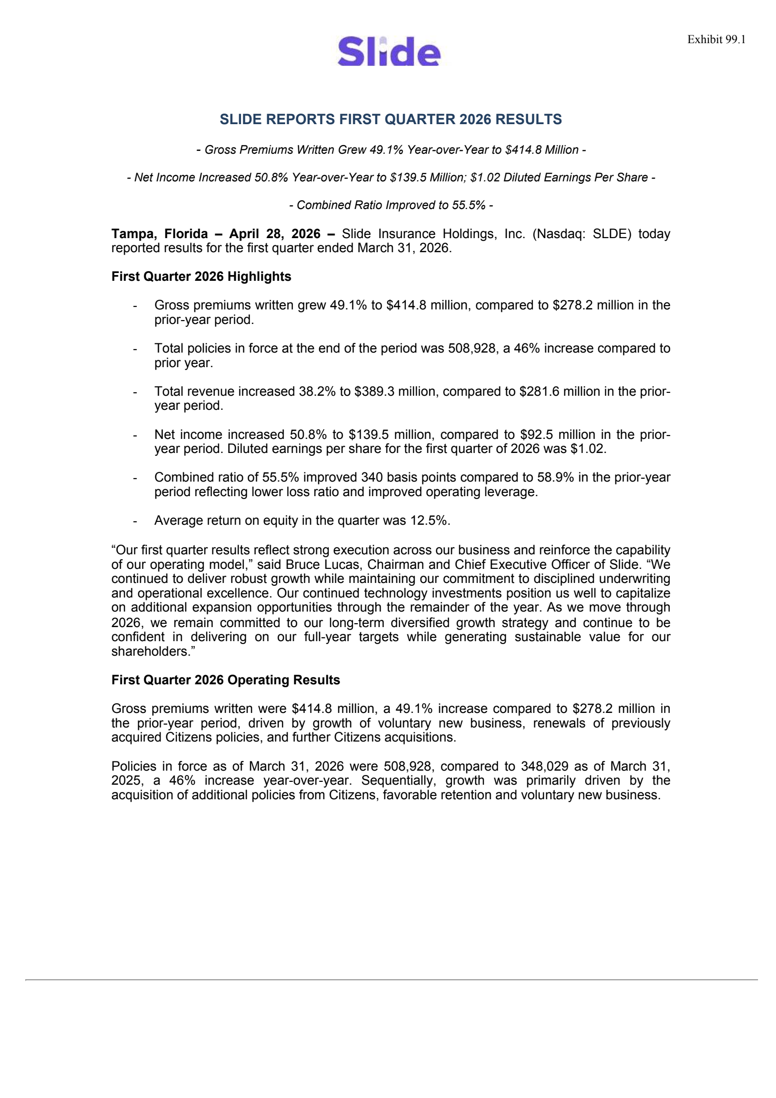 Slide Insurance's Q1 2026 Press Release