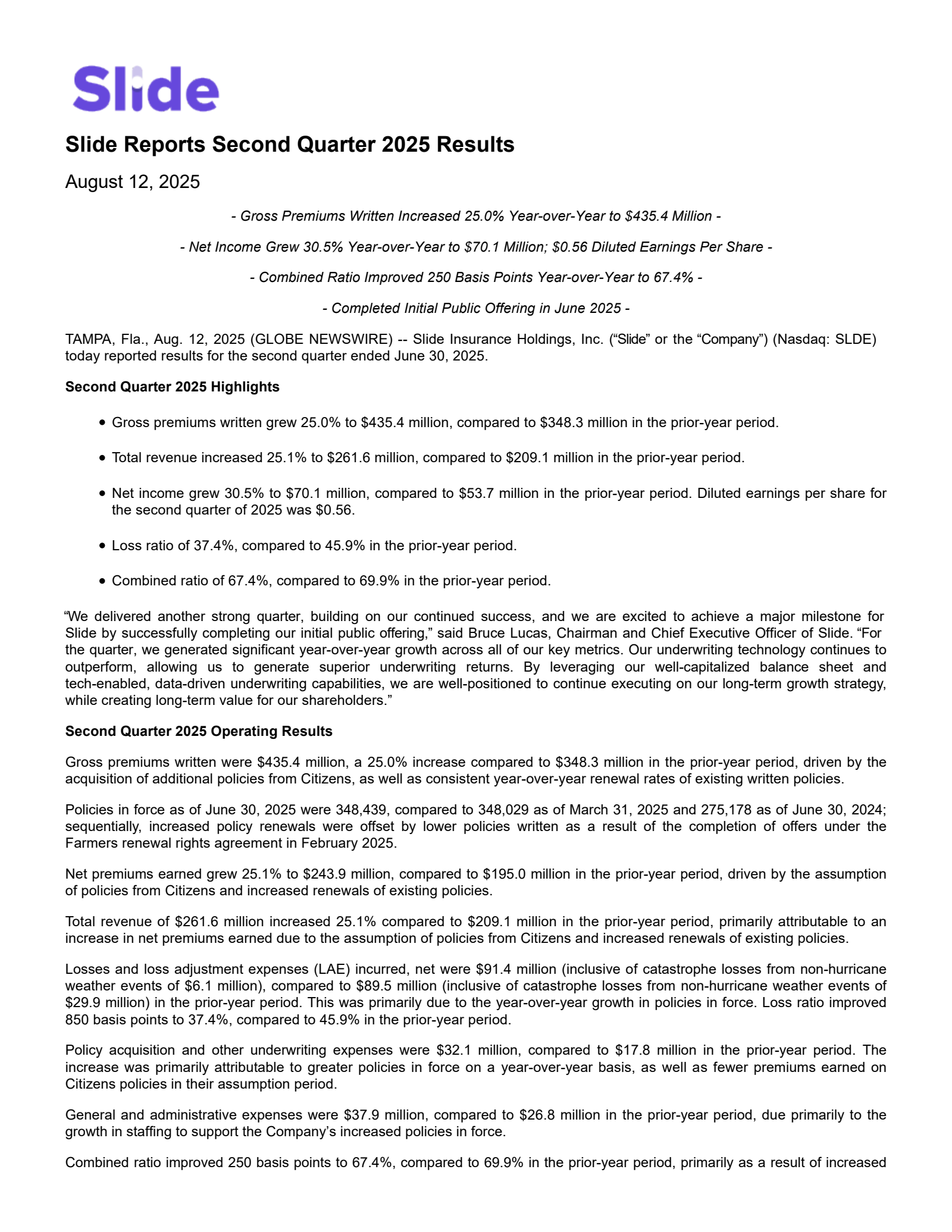 Slide Insurance's Q2 2025 Press Release