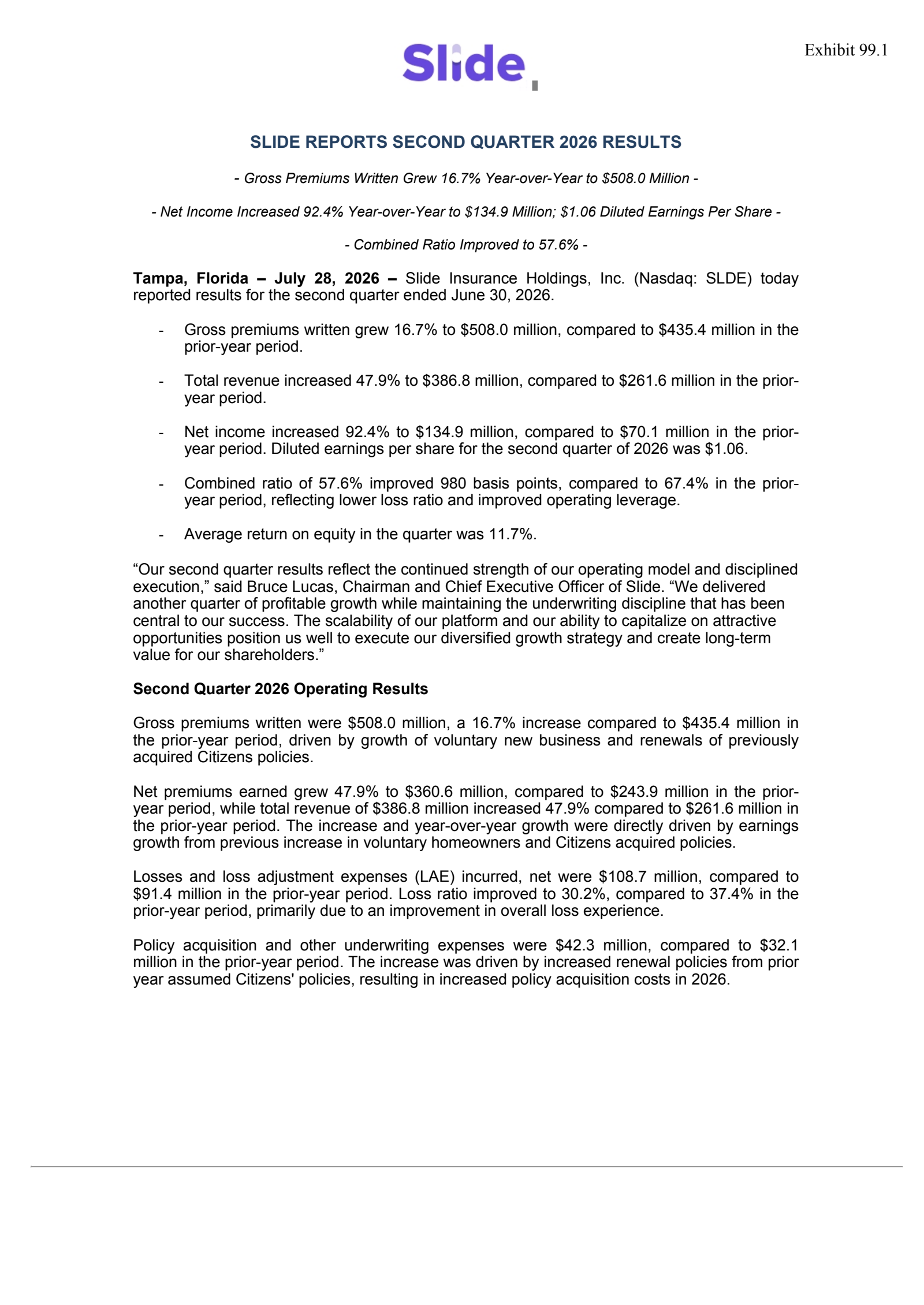 Slide Insurance's Q2 2026 Press Release