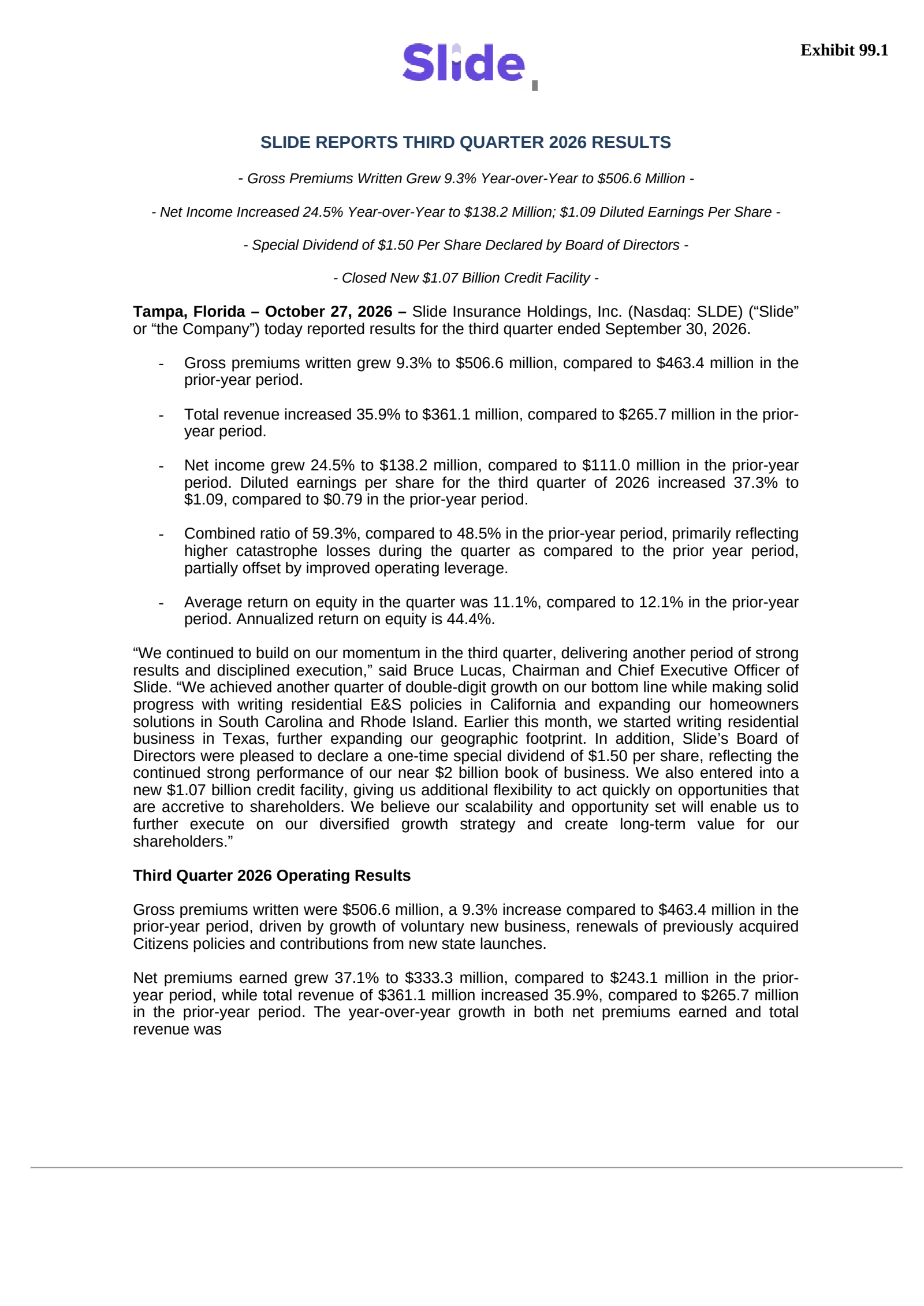 Slide Insurance's Q3 2026 Press Release