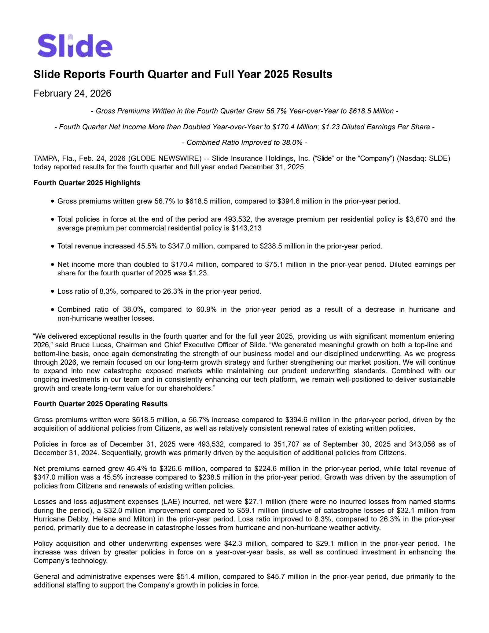 Slide Insurance's Q4 2025 Press Release