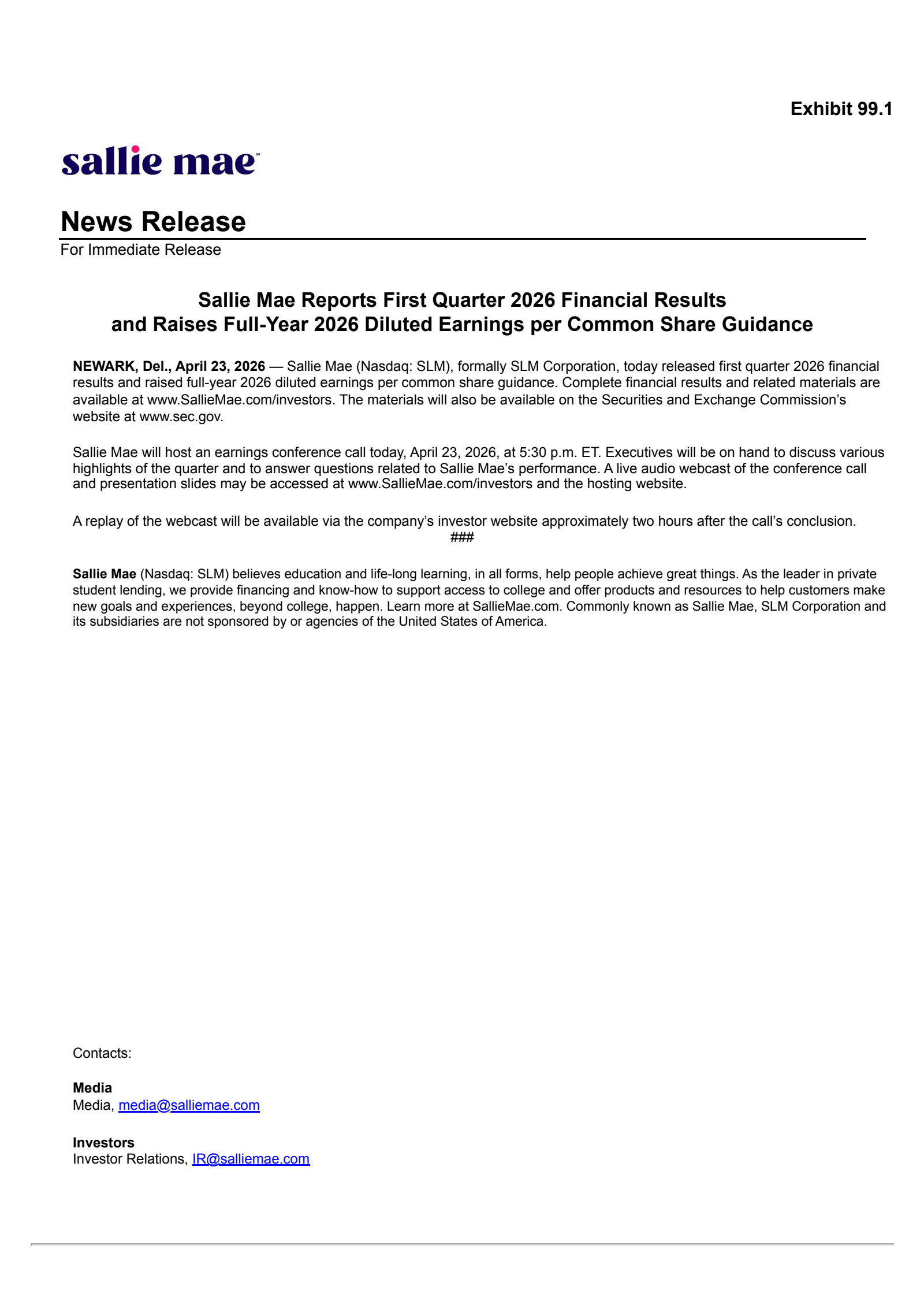 SLM's Q1 2026 Press Release