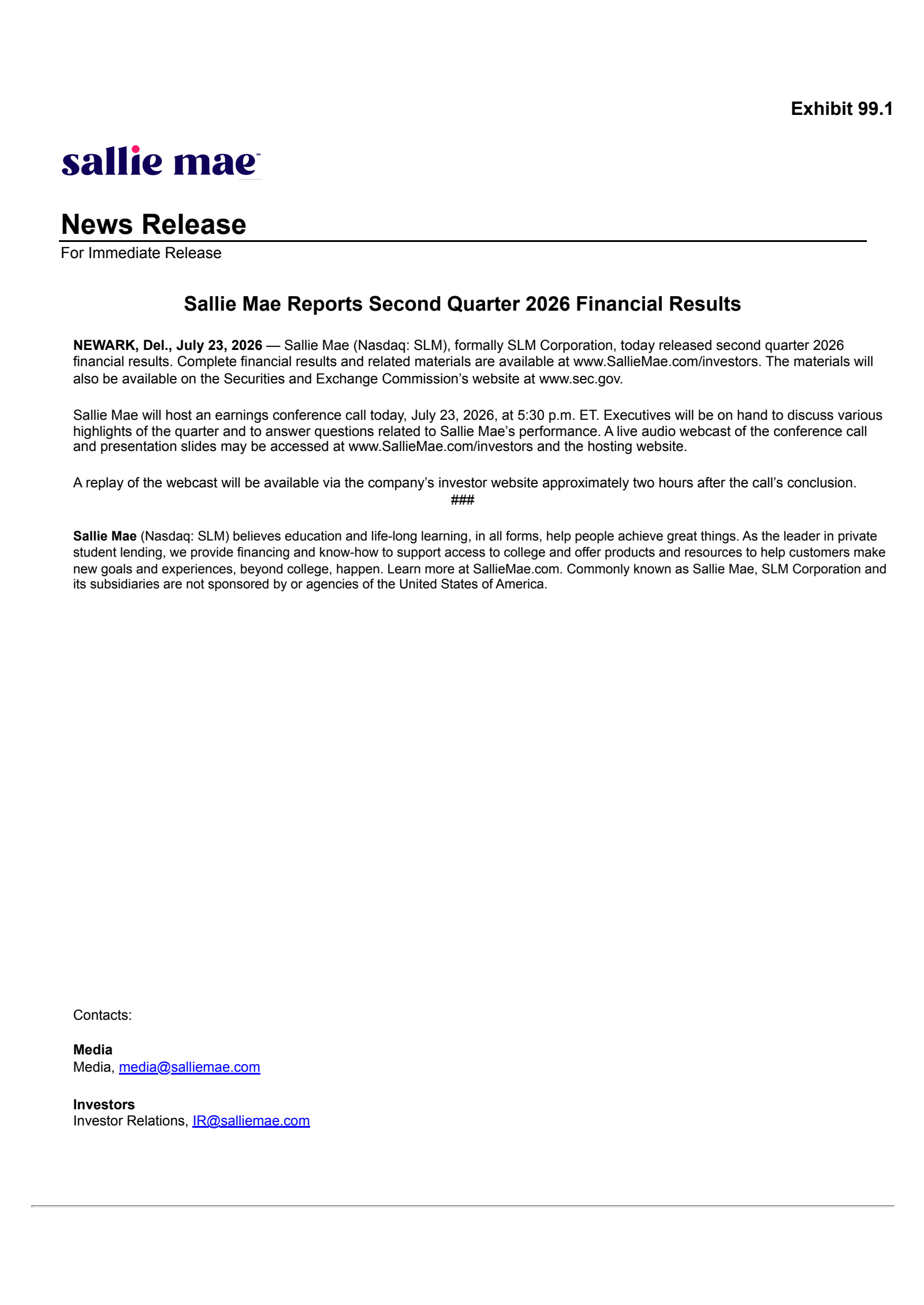 SLM's Q2 2026 Press Release