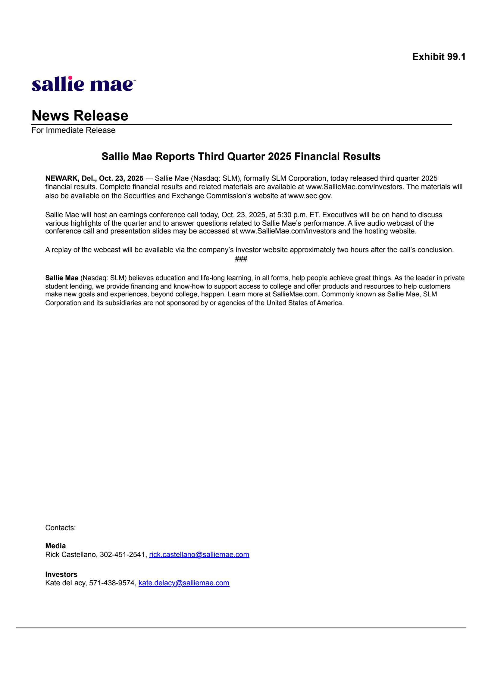 SLM's Q3 2025 Earnings Release