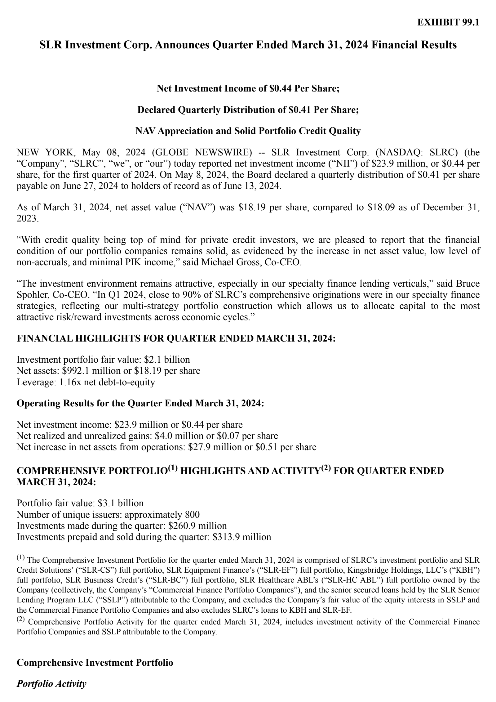 SLR Investment's Q1 2024 Press Release