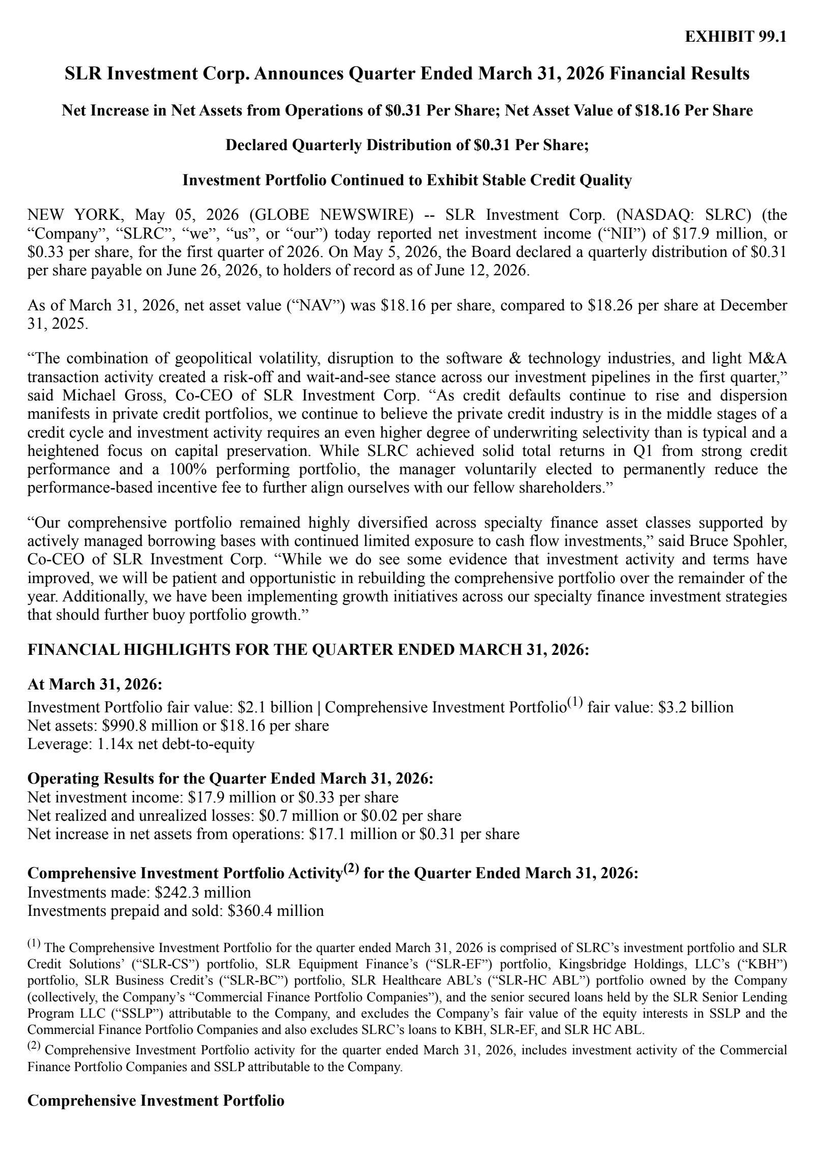 SLR Investment's Q1 2026 Press Release