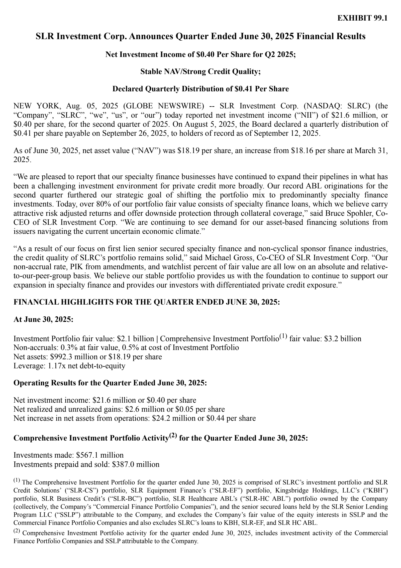 SLR Investment's Q2 2025 Press Release