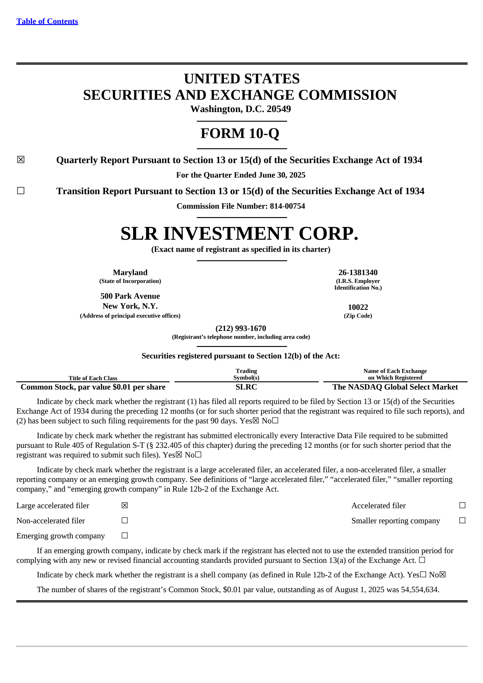 SLR Investment's Q2 2025 Quarterly report