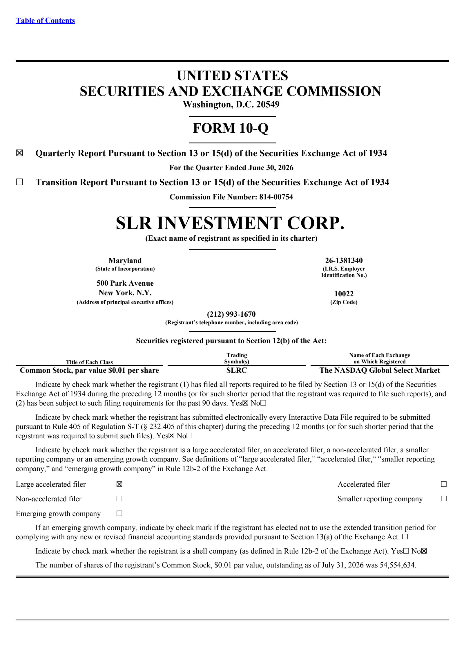 SLR Investment's Q2 2026 Quarterly report