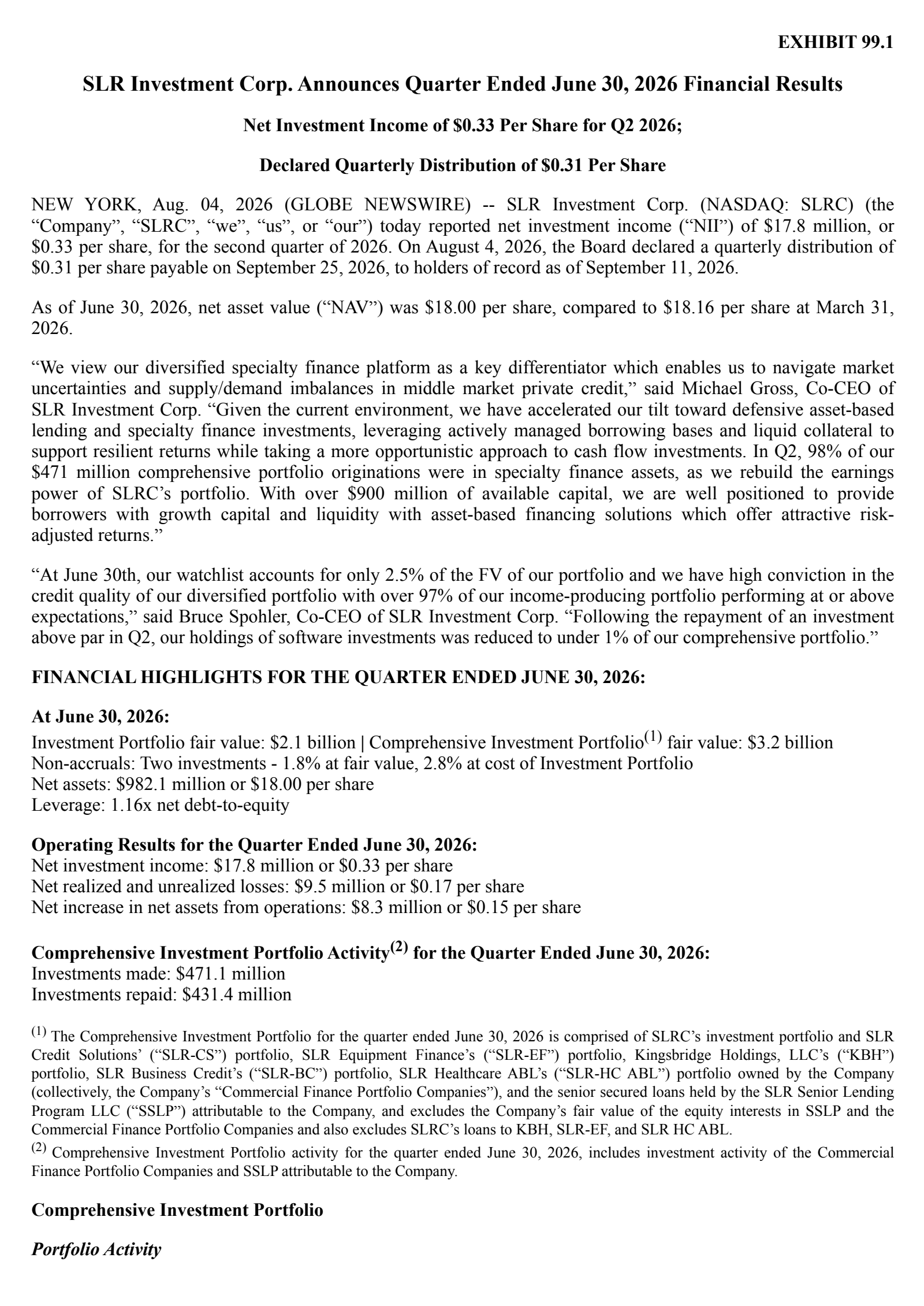 SLR Investment's Q2 2026 Press Release