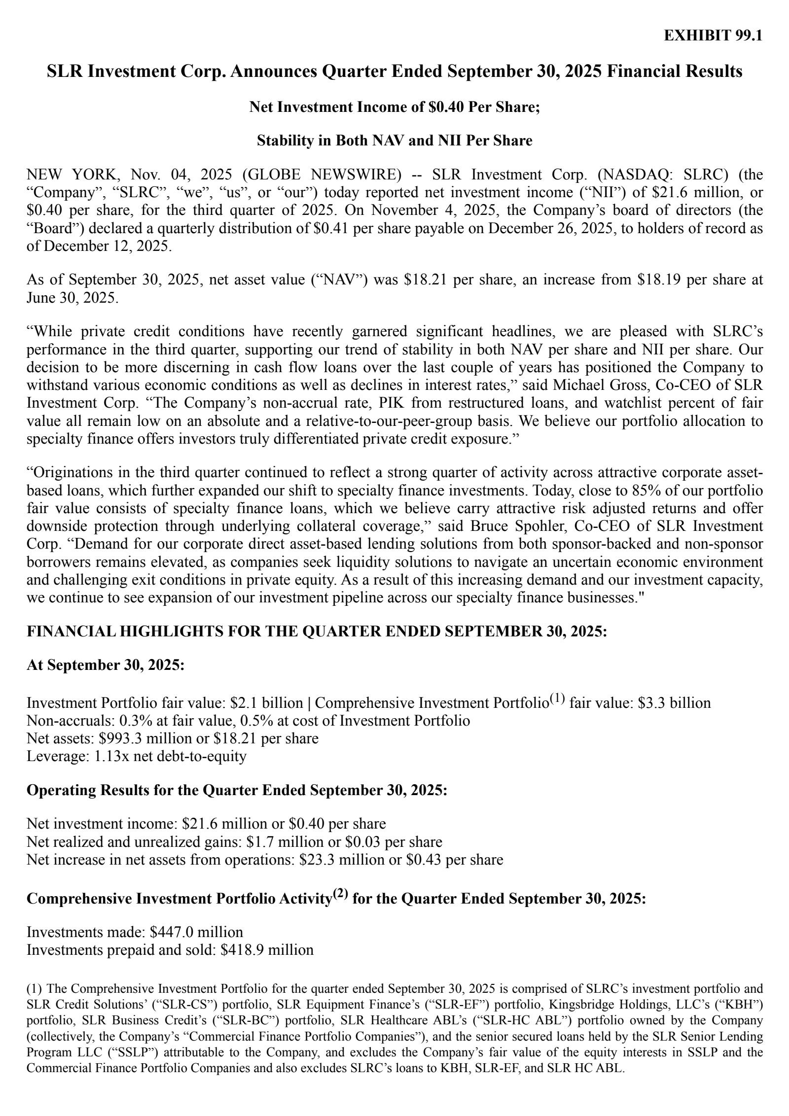 SLR Investment's Q3 2025 Earnings Release