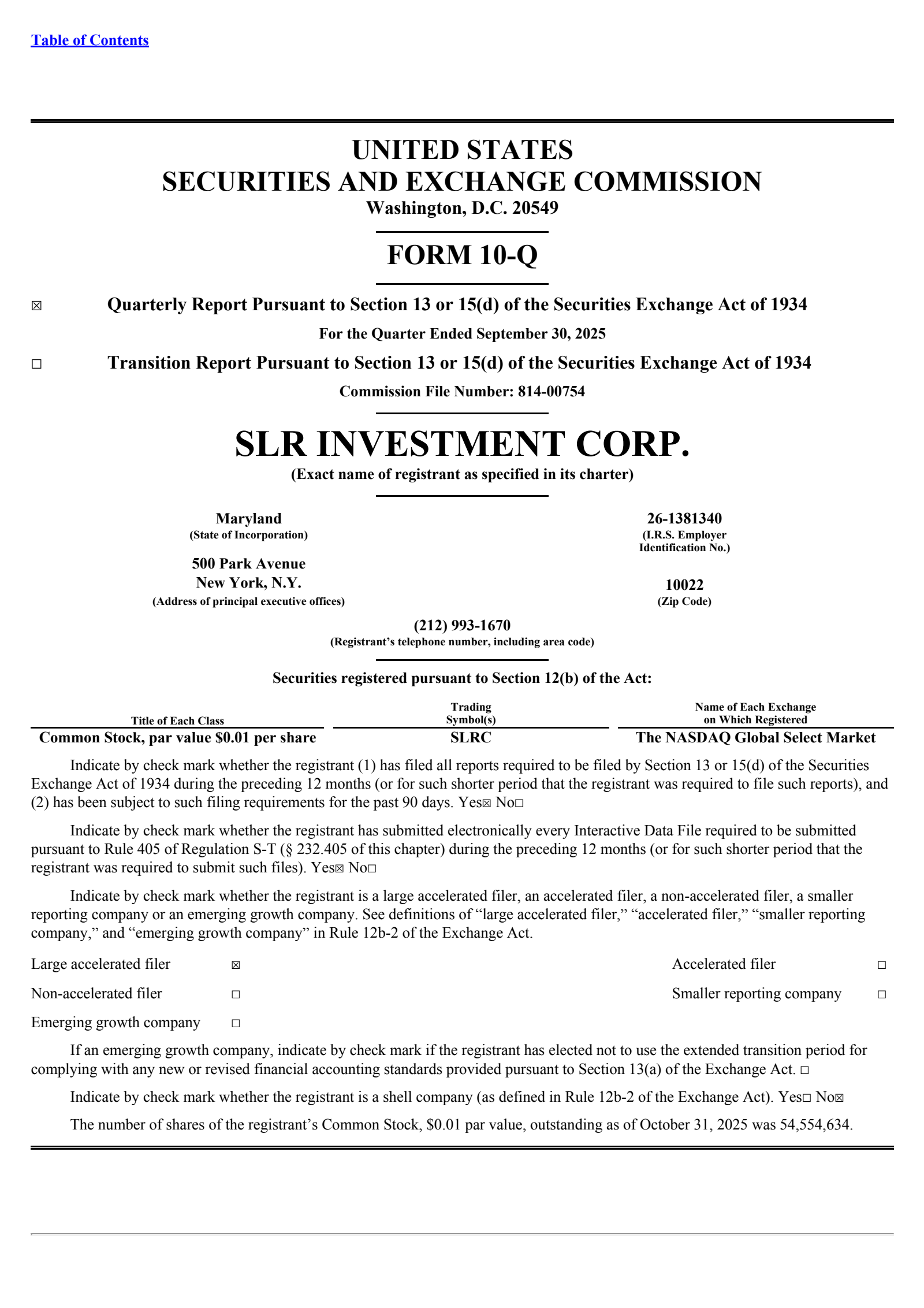 SLR Investment's Q3 2025 Quarterly Report