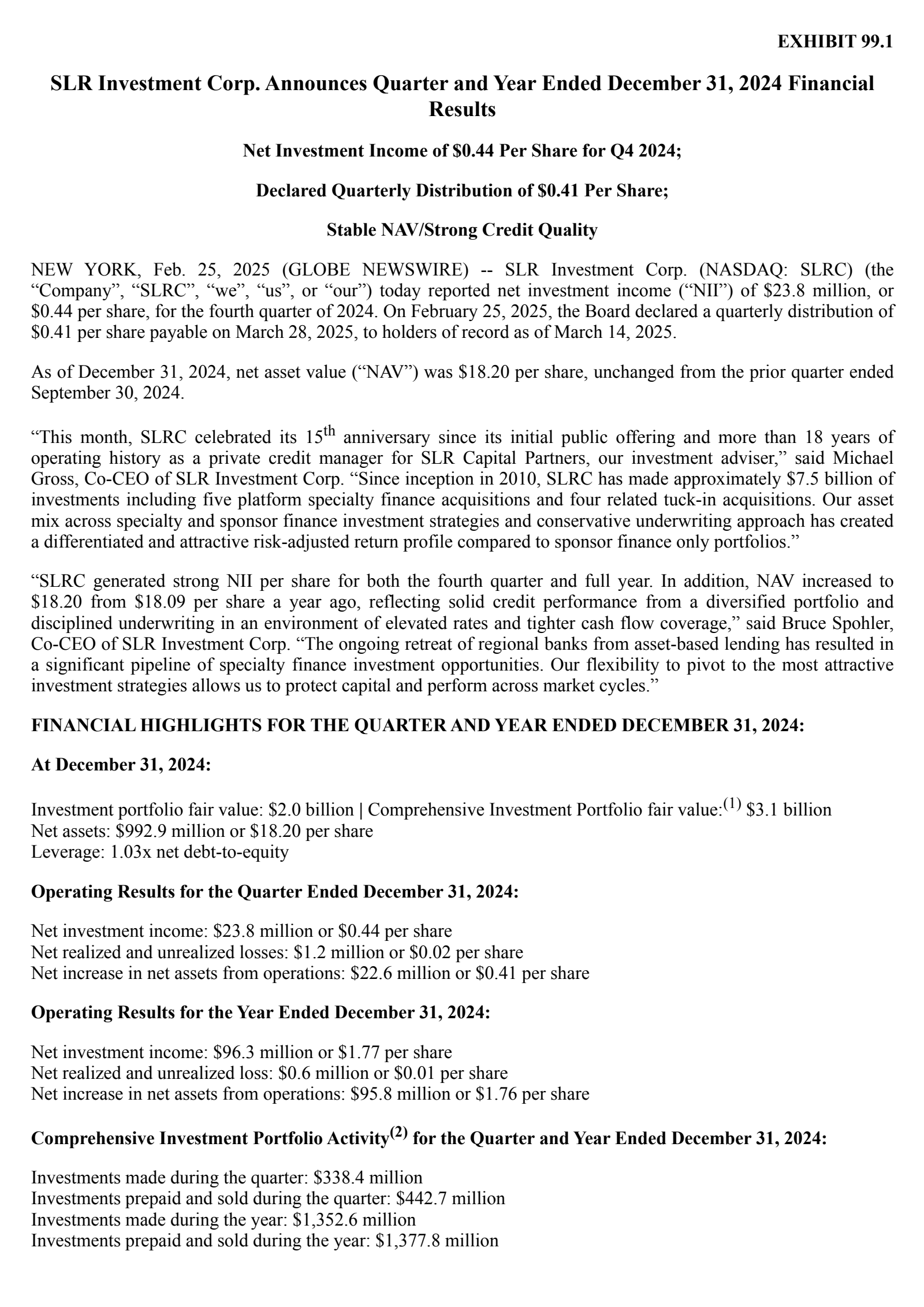 SLR Investment's Q4 2024 Press Release