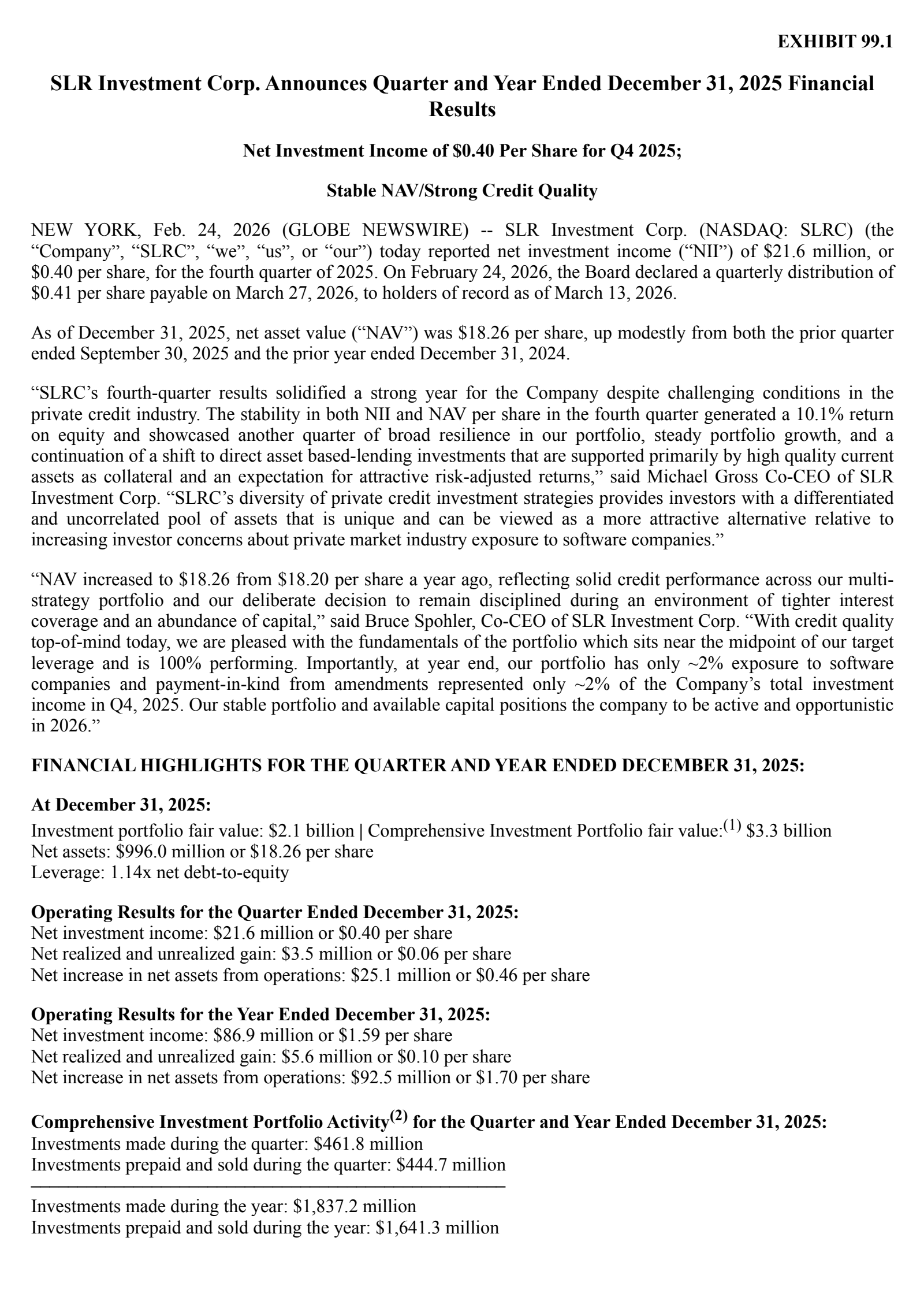 SLR Investment's Q4 2025 Press Release