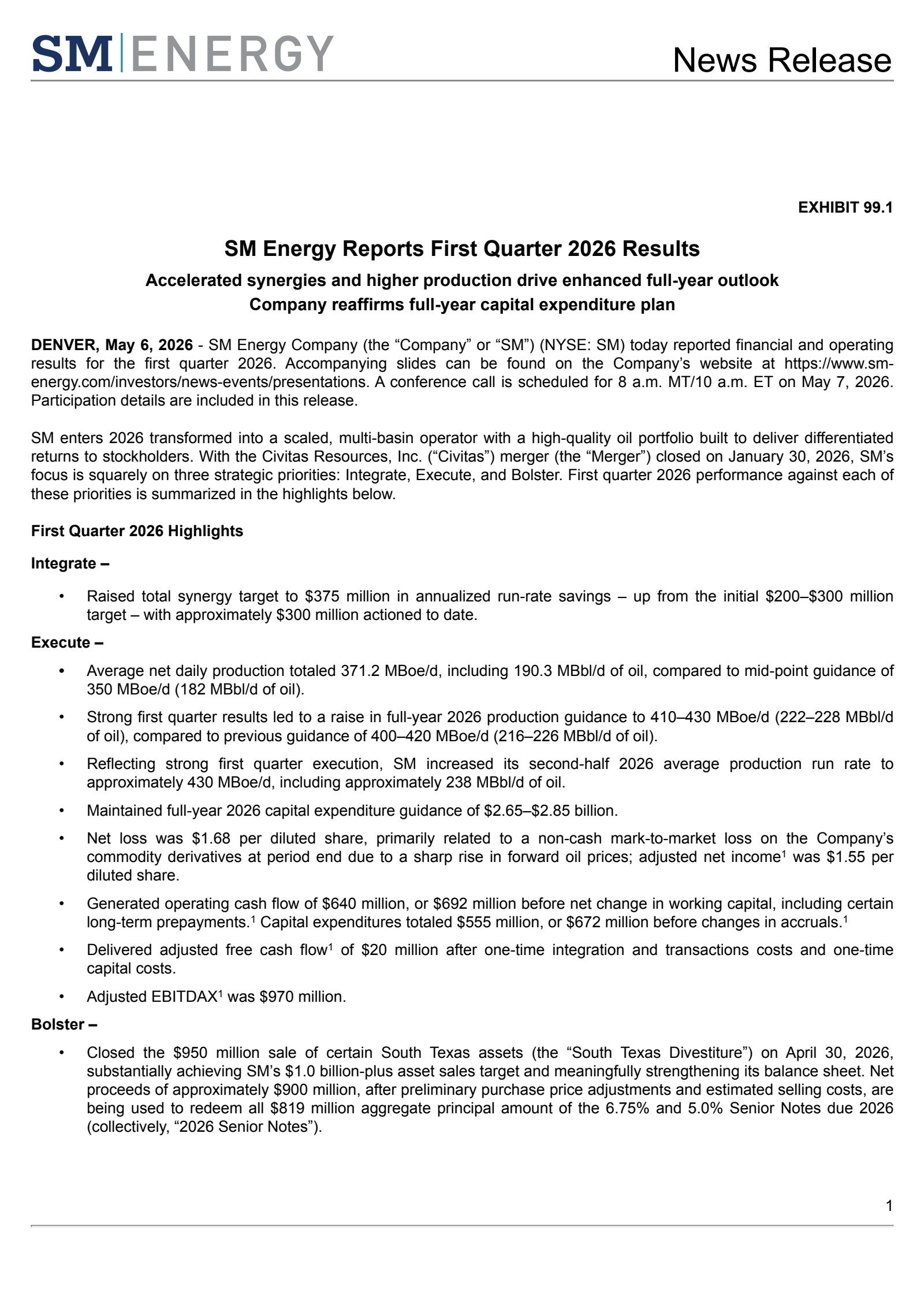 SM Energy's Q1 2026 Press Release