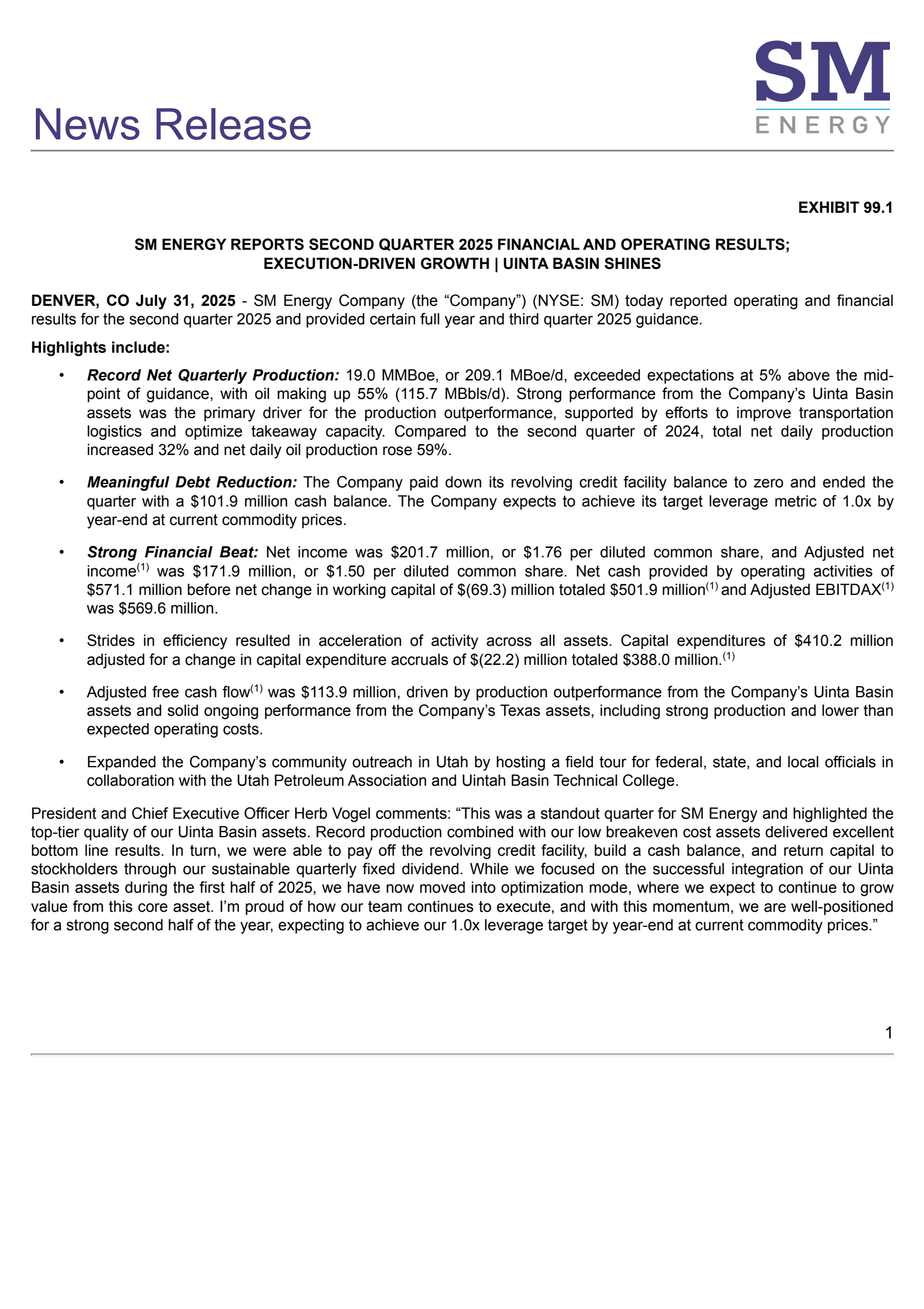 SM Energy's Q2 2025 Press Release