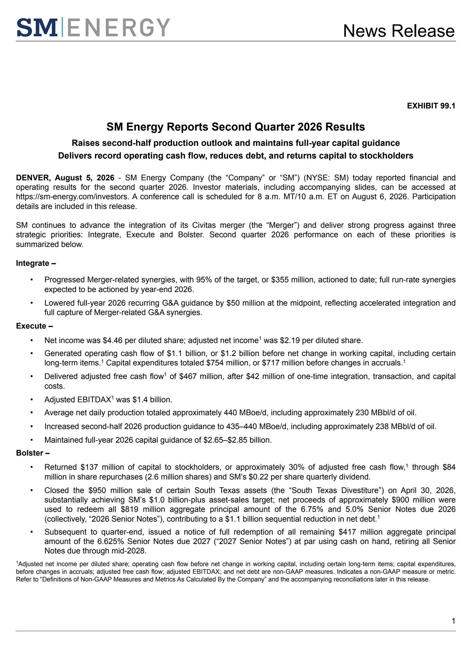 SM Energy's Q2 2026 Press Release