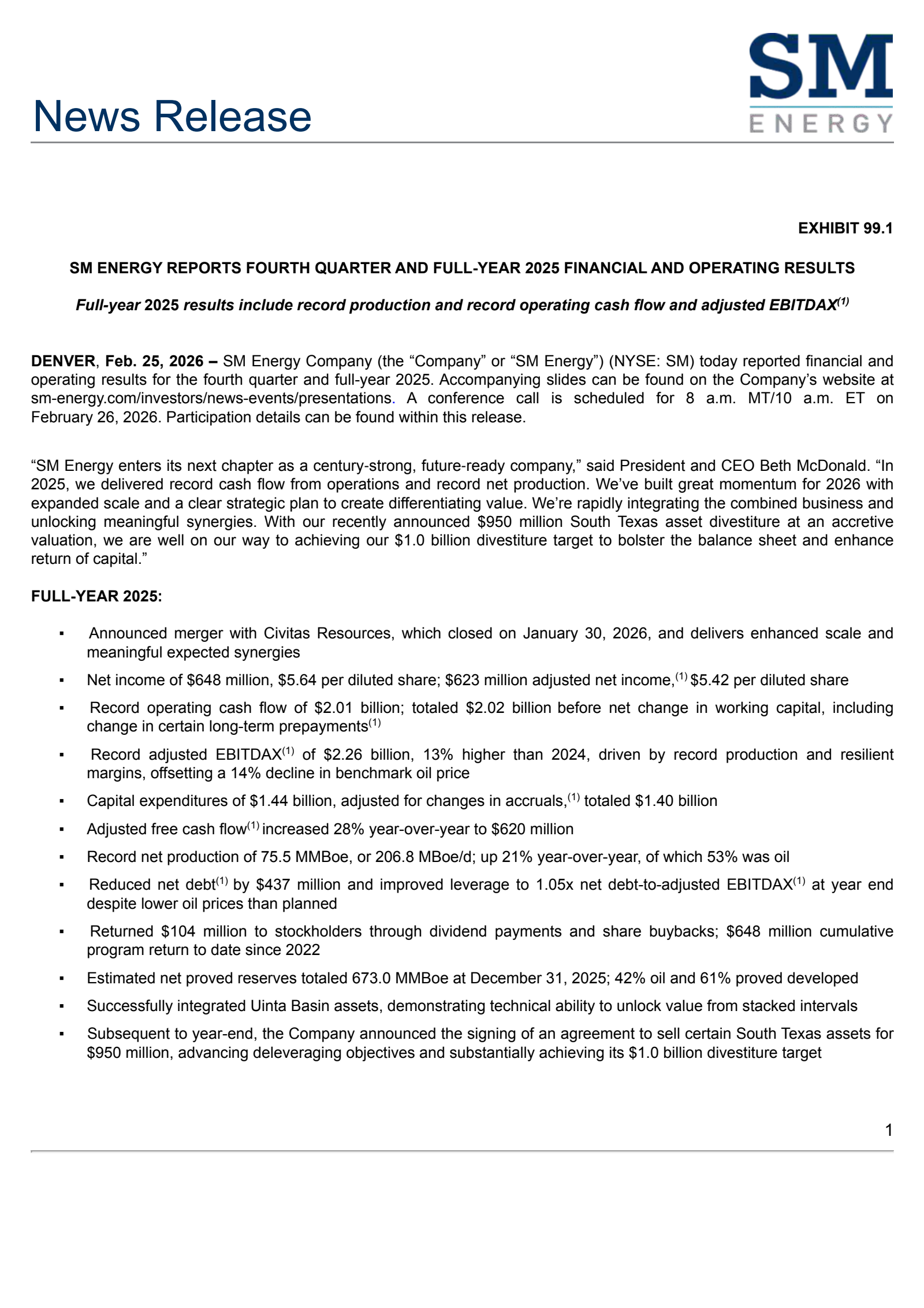 SM Energy's Q4 2025 Press Release