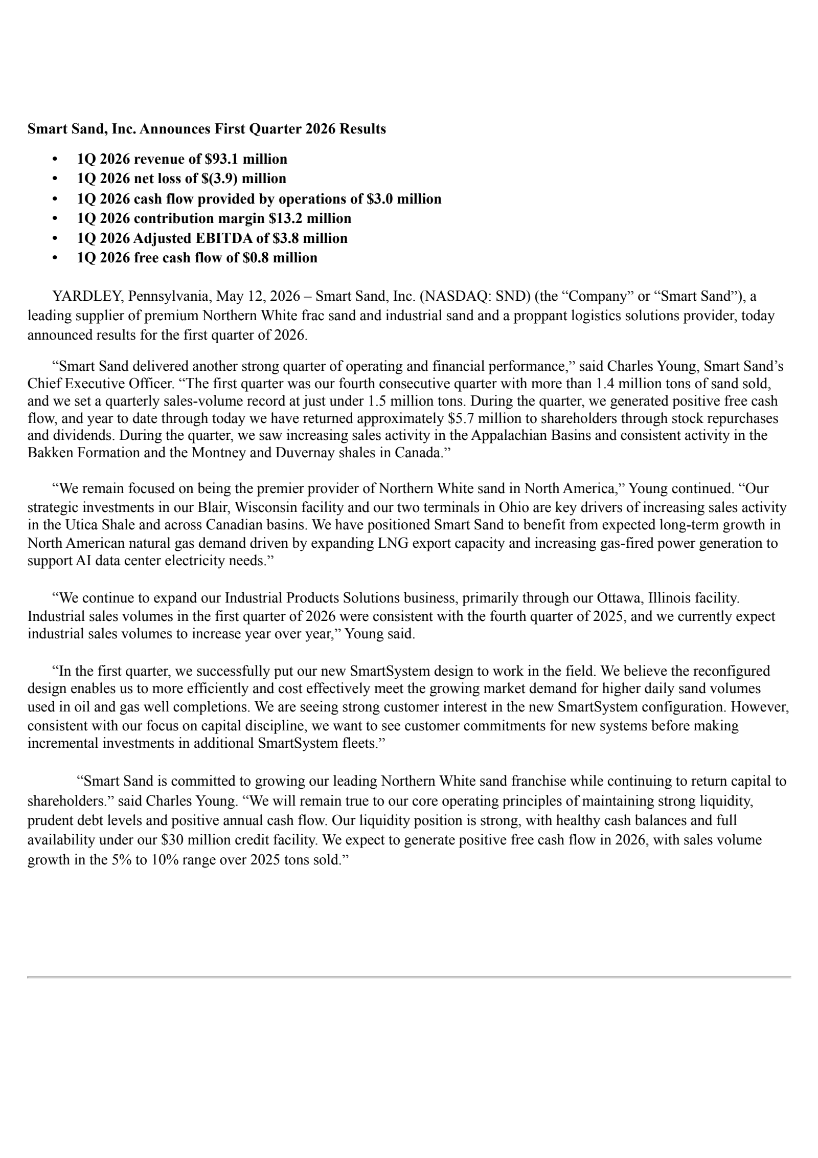 Smart Sand's Q1 2026 Press Release