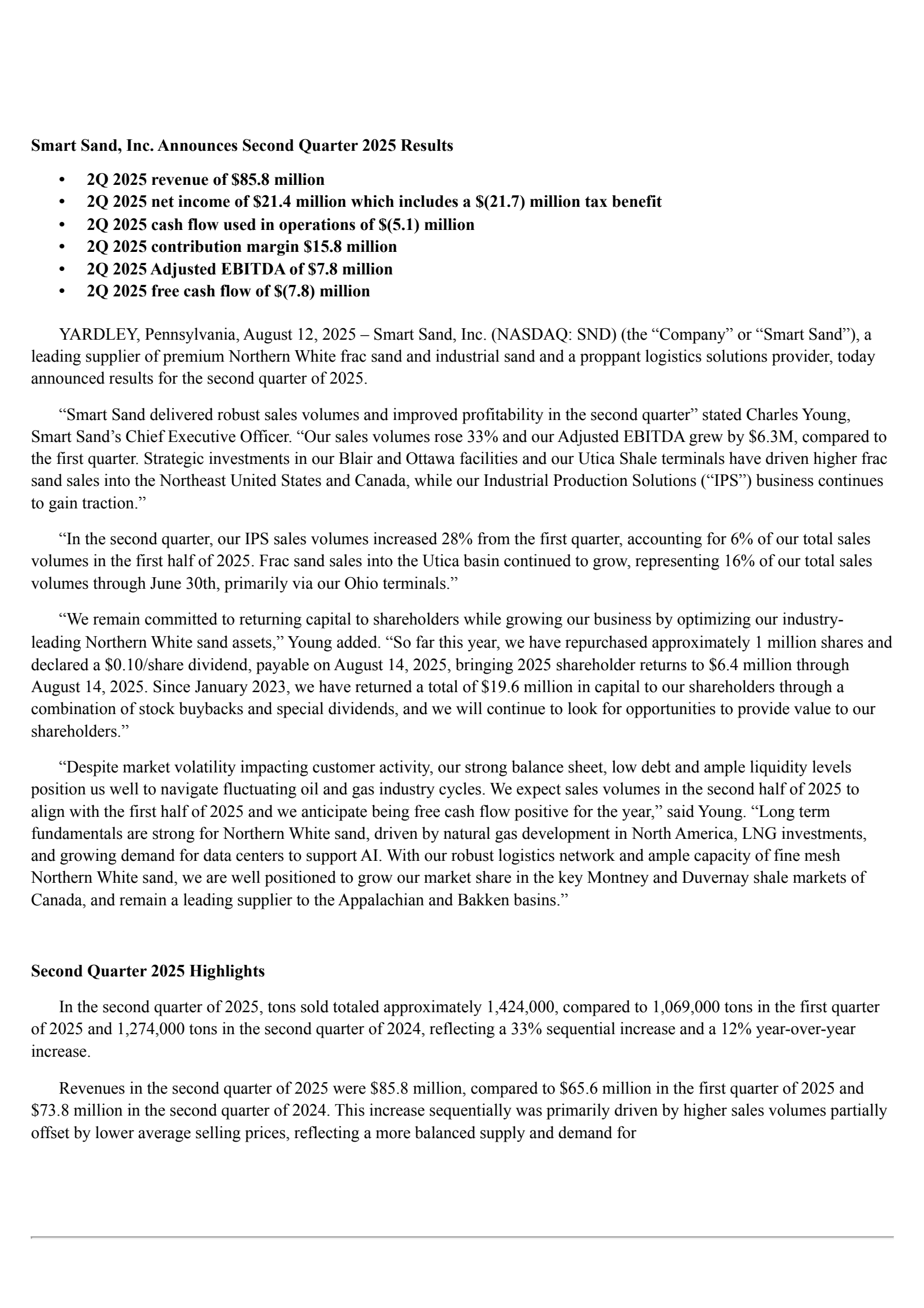 Smart Sand's Q2 2025 Press Release
