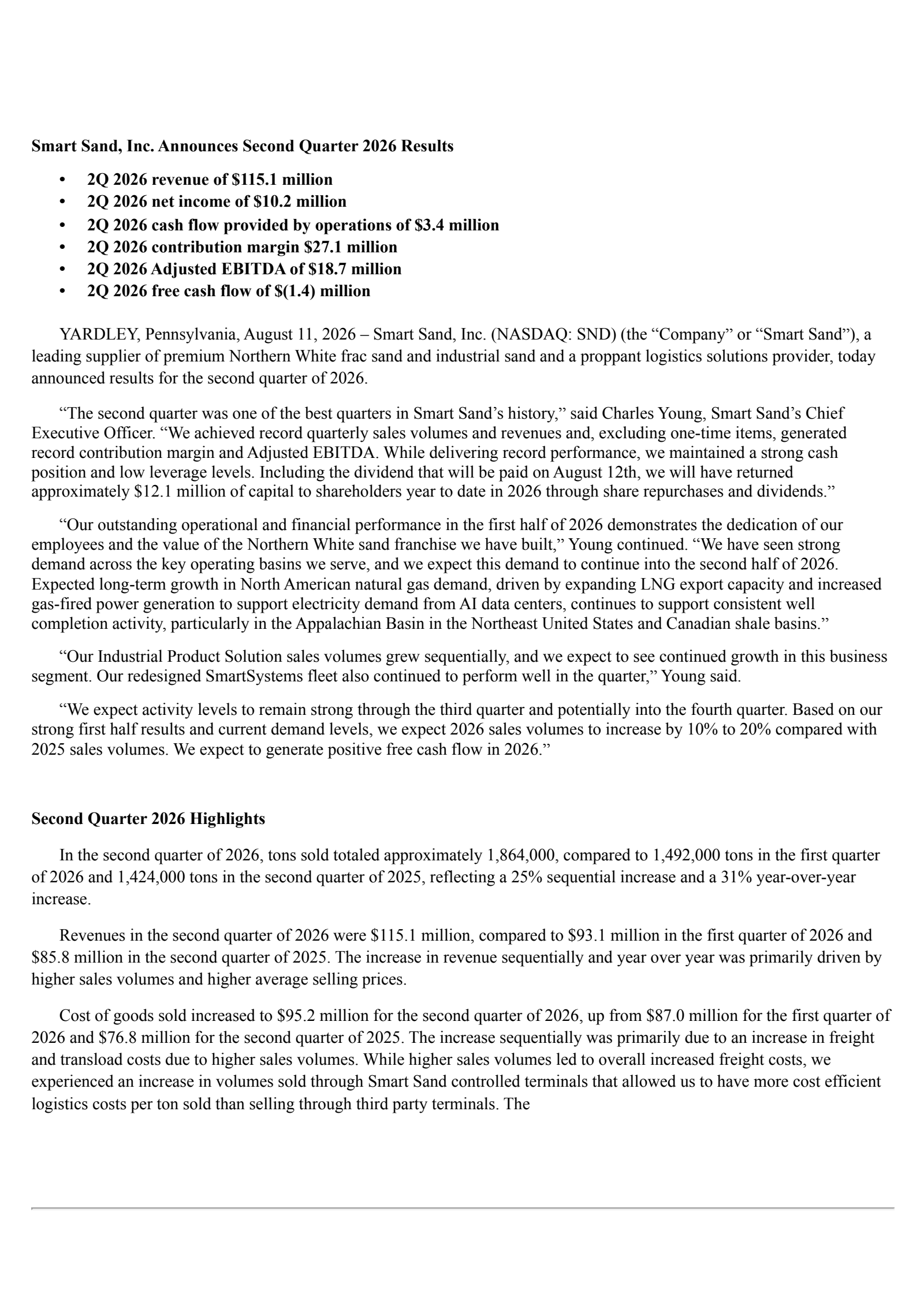 Smart Sand's Q2 2026 Press Release