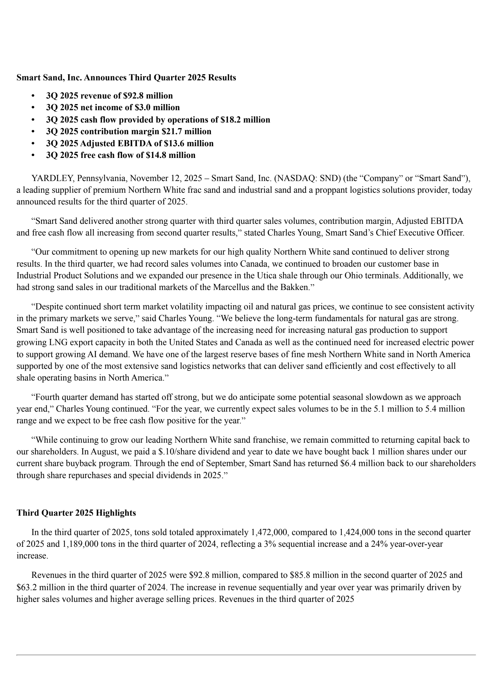 Smart Sand's Q3 2025 Earnings Release
