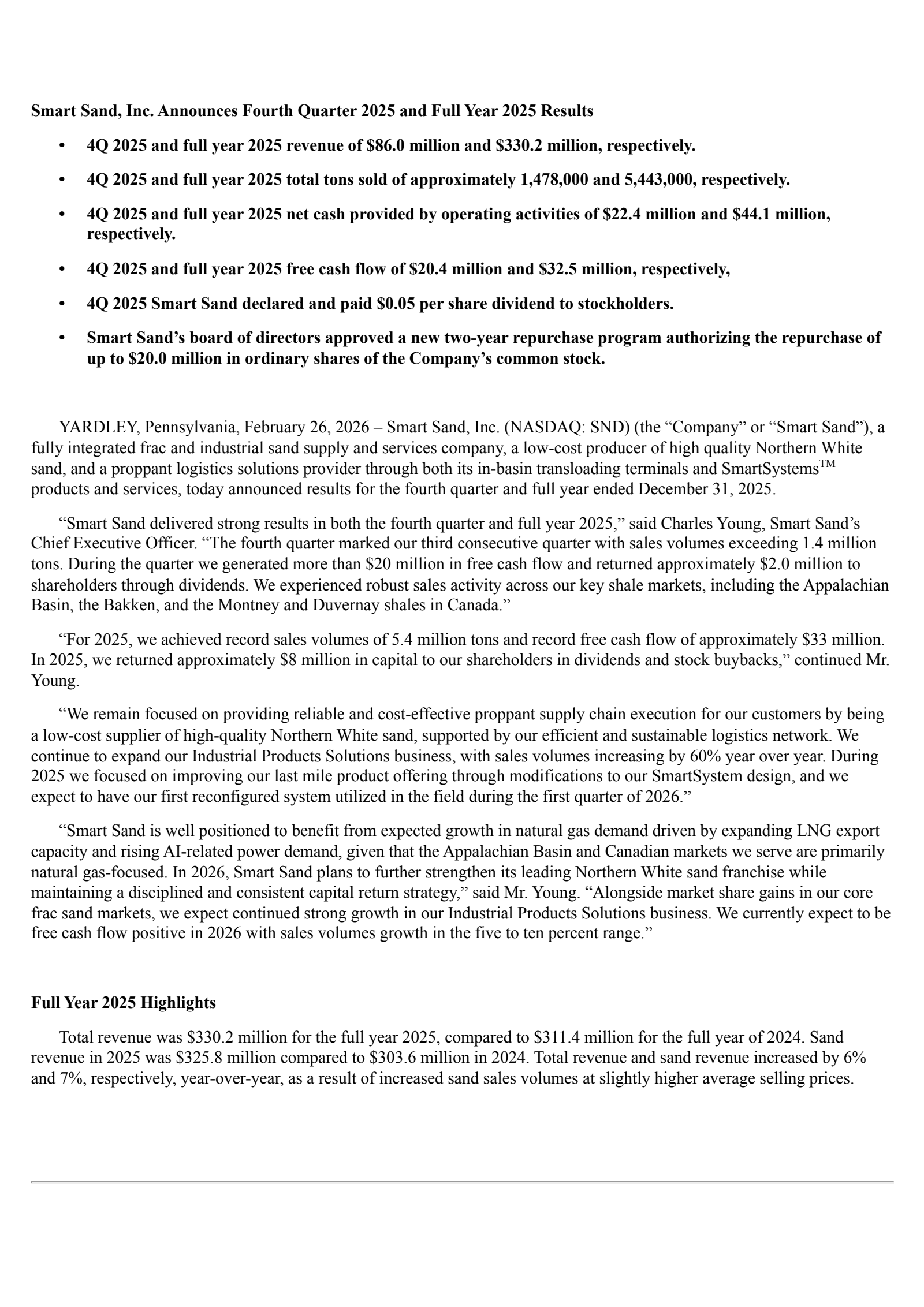 Smart Sand's Q4 2025 Press Release