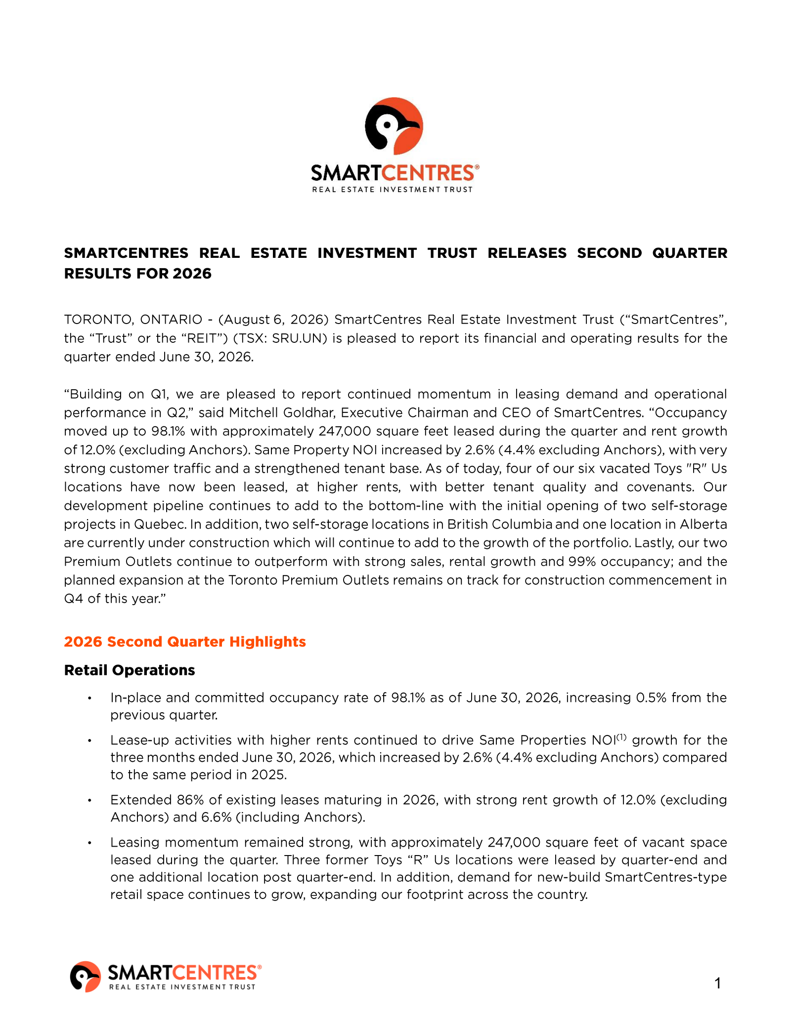 SmartCentres Real Estate Investment Trst's Q2 2026 Press Release
