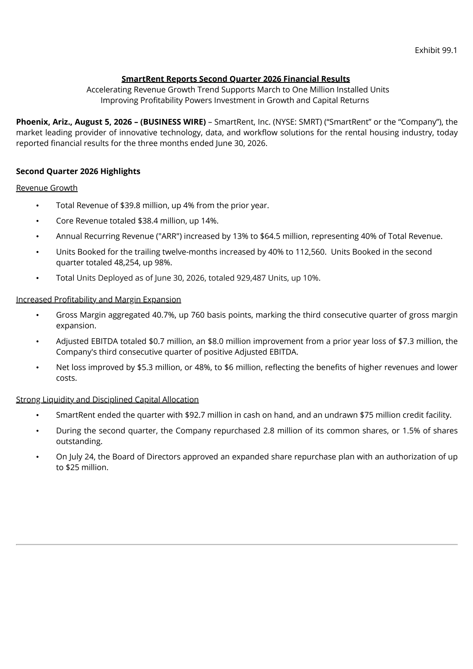 SmartRent's Q2 2026 Press Release