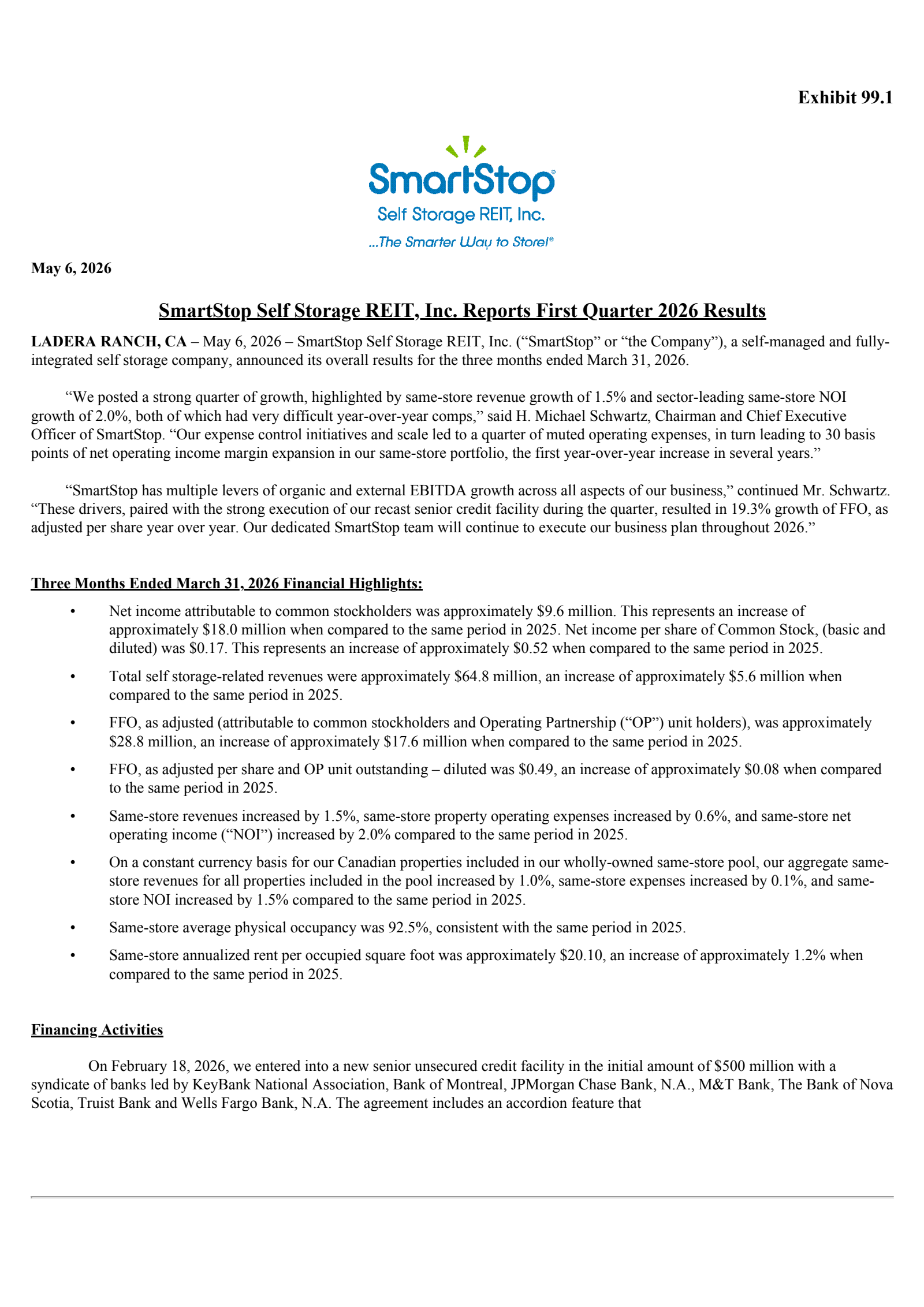Smartstop Self Storage REIT's Q1 2026 Press Release