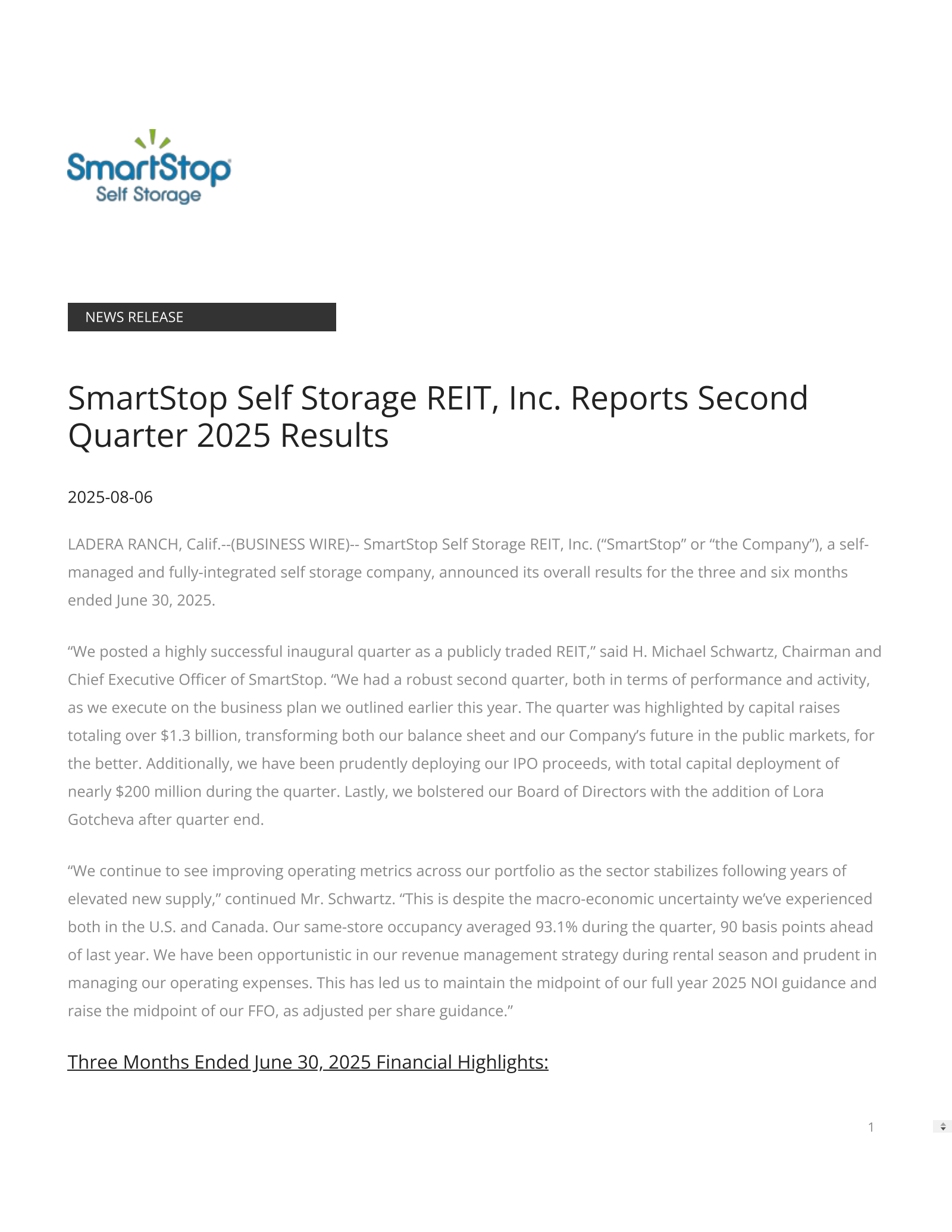 Smartstop Self Storage REIT's Q2 2025 Press Release