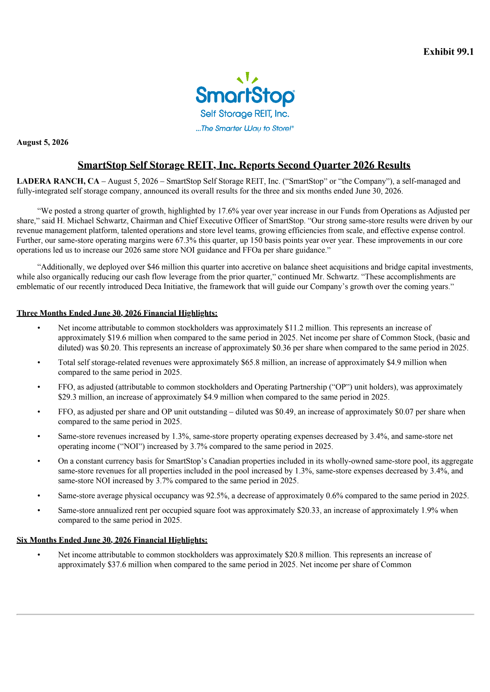 Smartstop Self Storage REIT's Q2 2026 Press Release