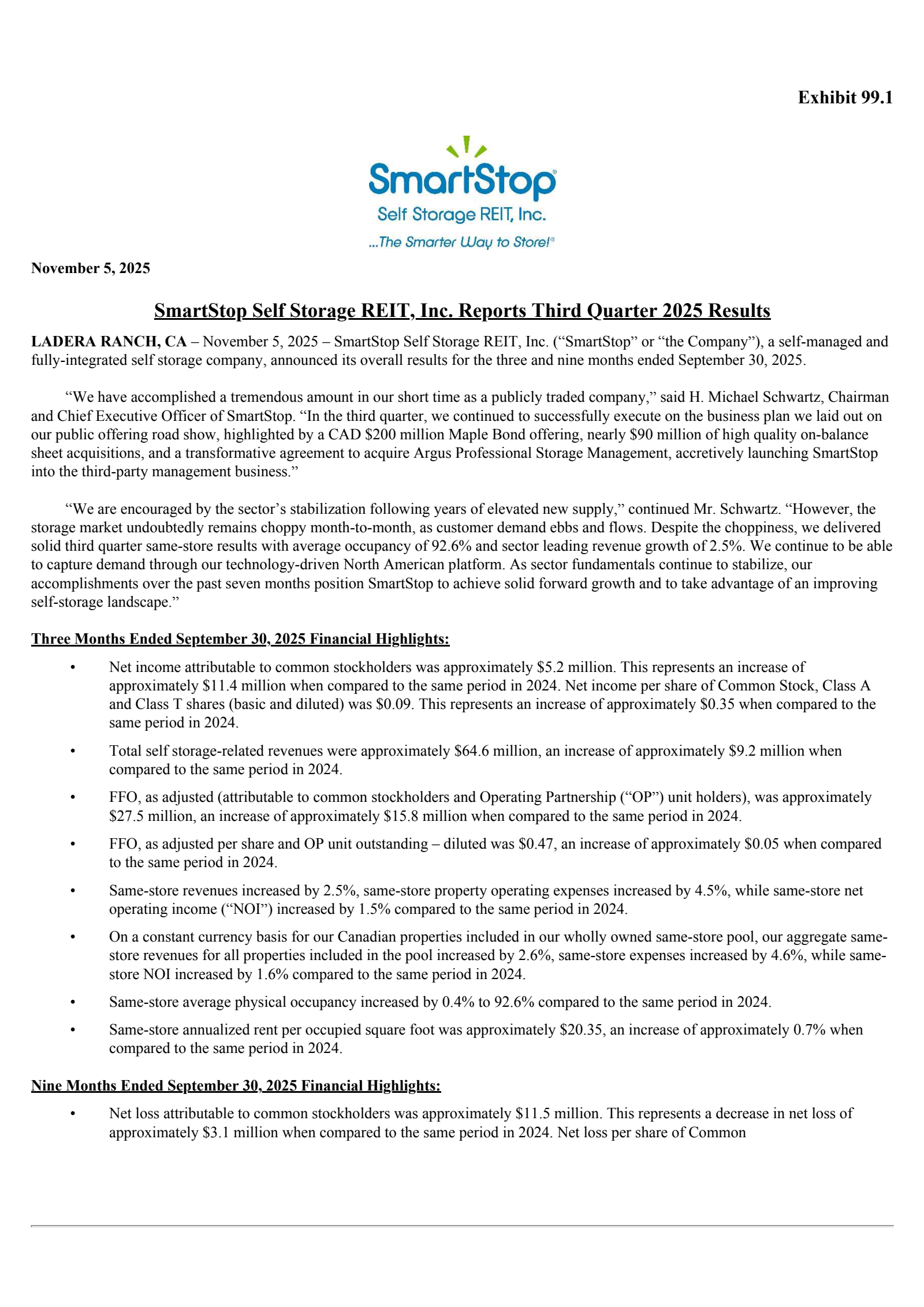 Smartstop Self Storage REIT's Q3 2025 Earnings Release