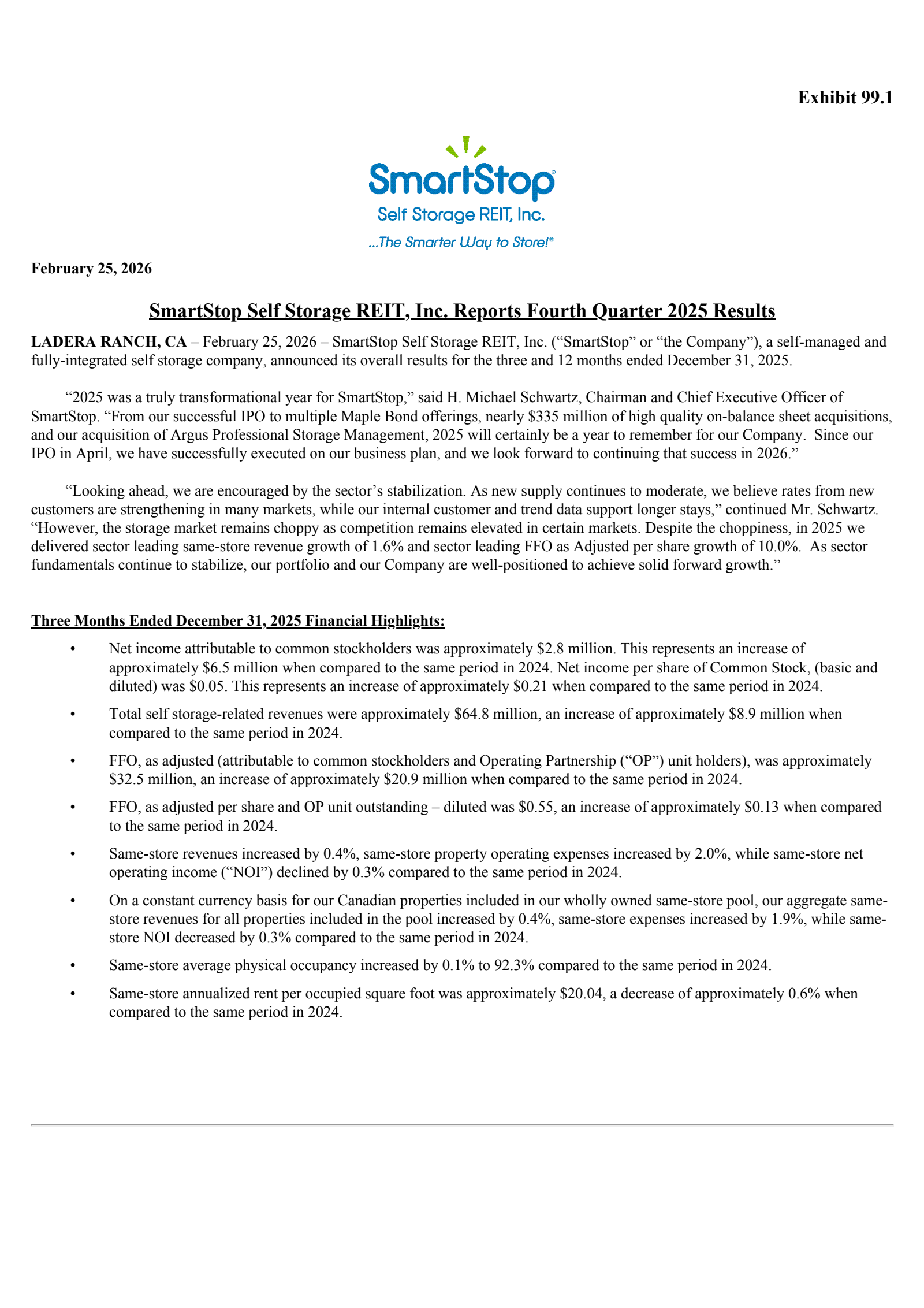 Smartstop Self Storage REIT's Q4 2025 Press Release