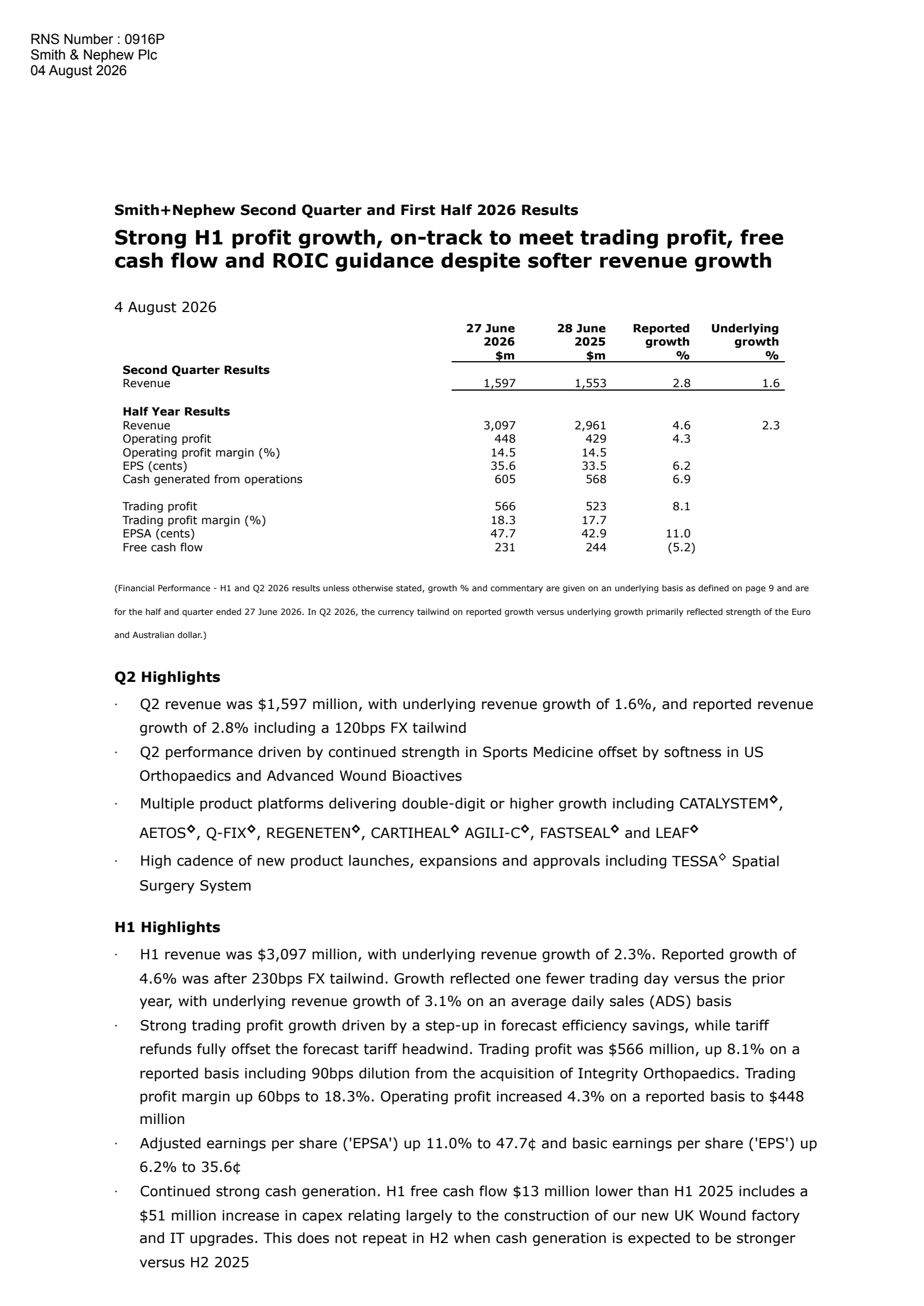 Smith & Nephew SNATS's Q2 2026 Interim report