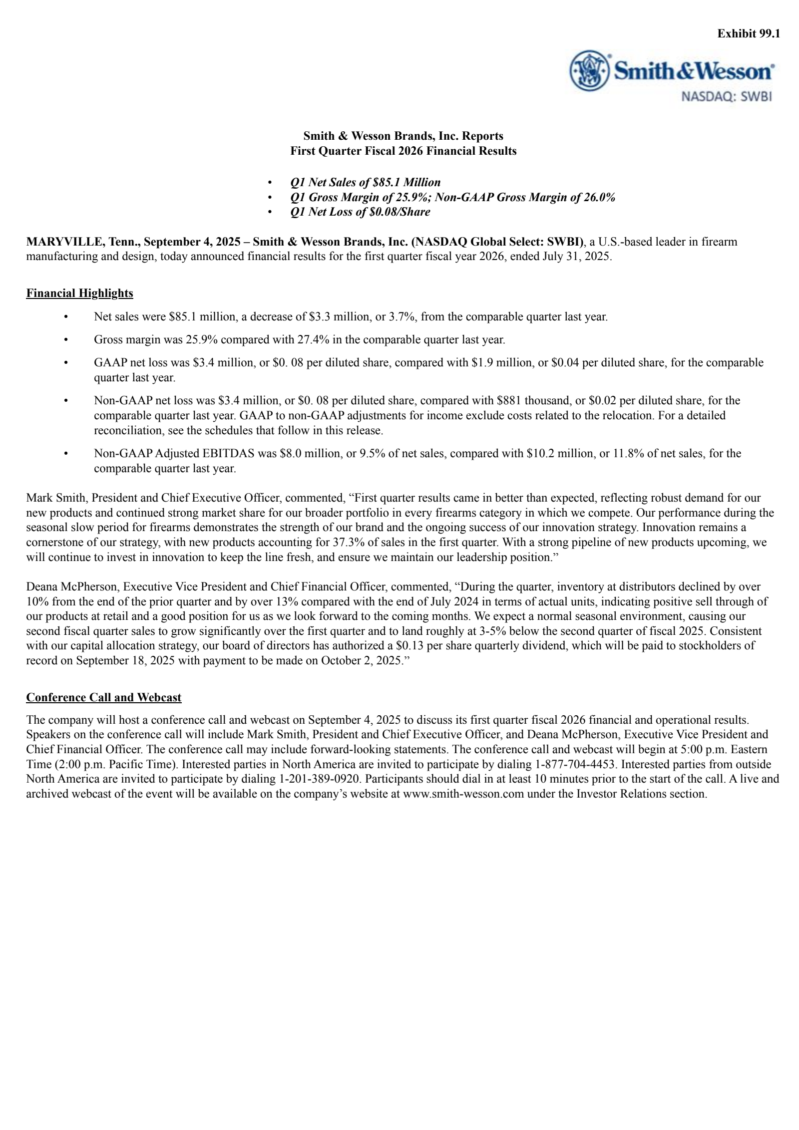Smith & Wesson Brands' Q1 2026 Press Release