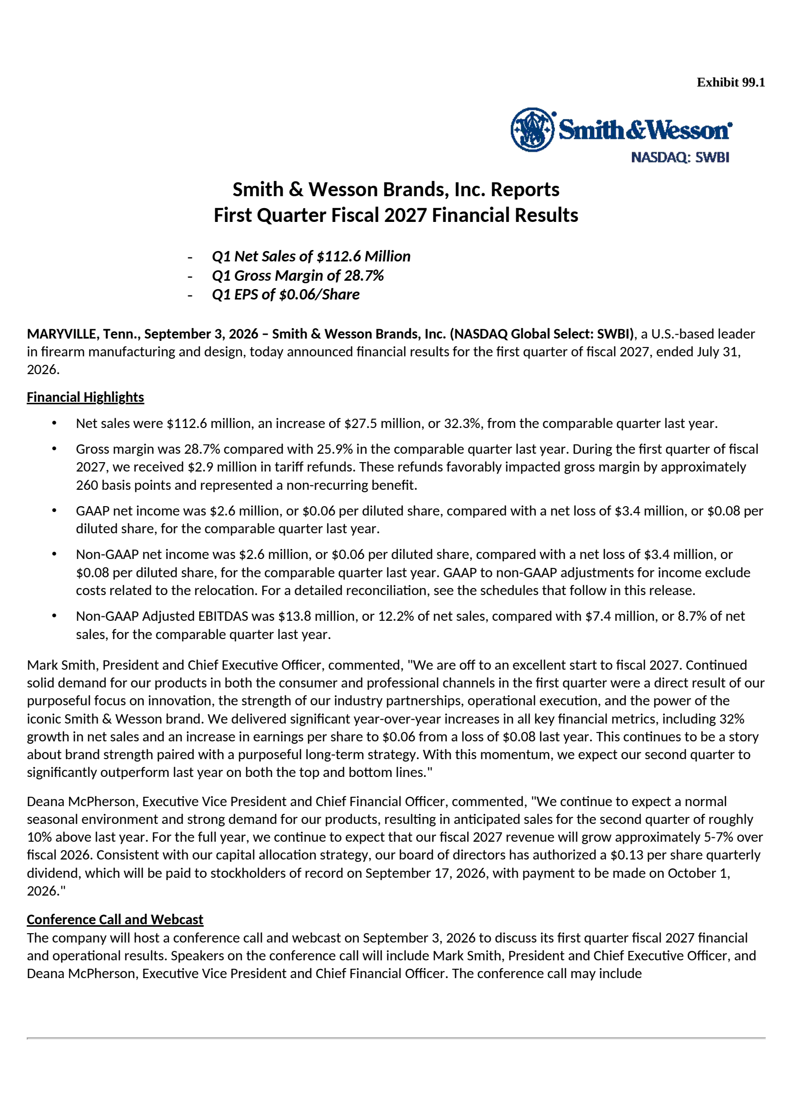 Smith & Wesson Brands' Q1 2027 Press Release