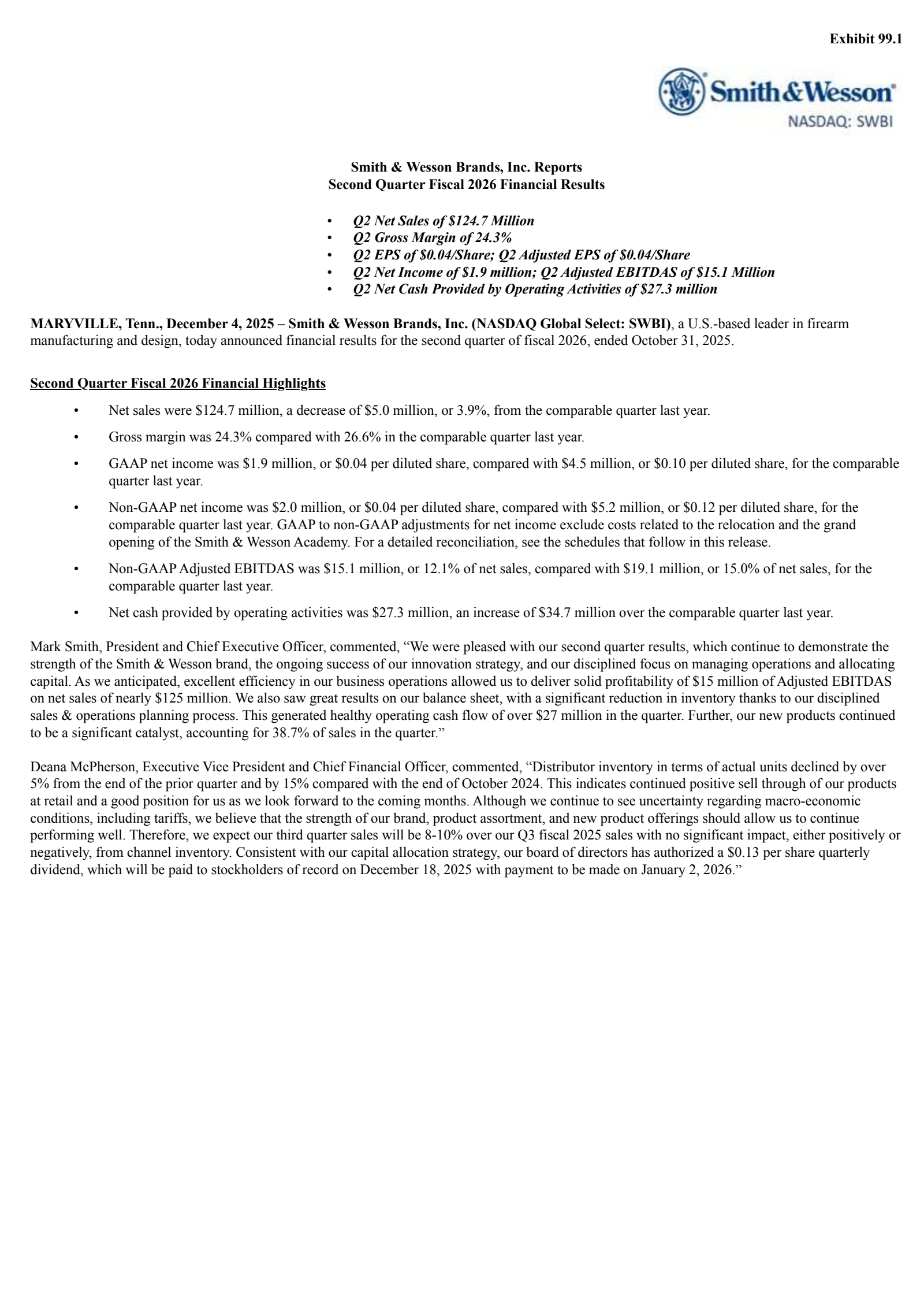 Smith & Wesson Brands' Q2 2026 Earnings Release