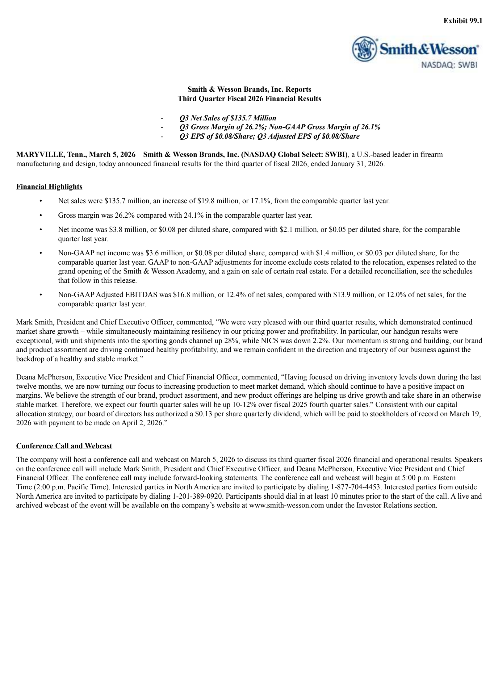 Smith & Wesson Brands' Q3 2026 Press Release