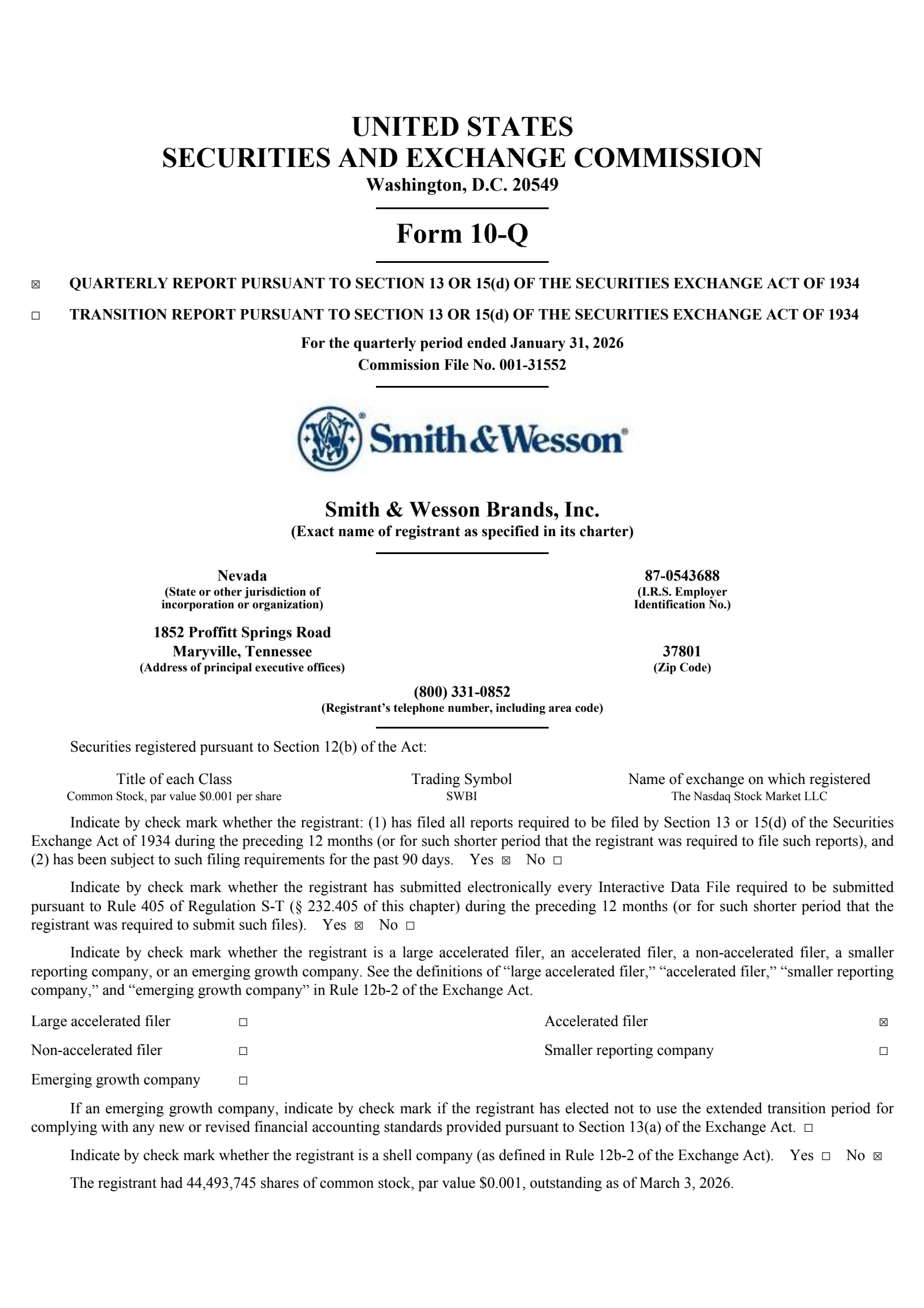 Smith & Wesson Brands' Q3 2026 Quarterly report