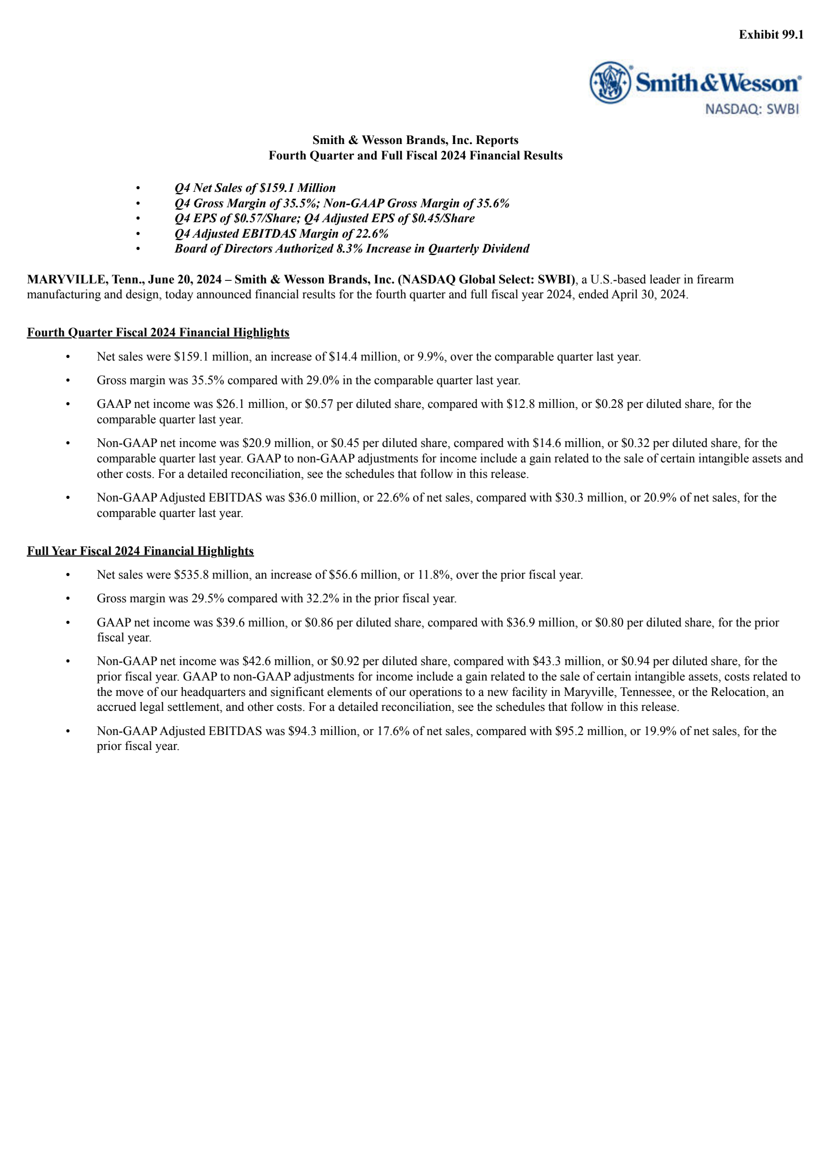 Smith & Wesson Brands' Q4 2024 Press Release