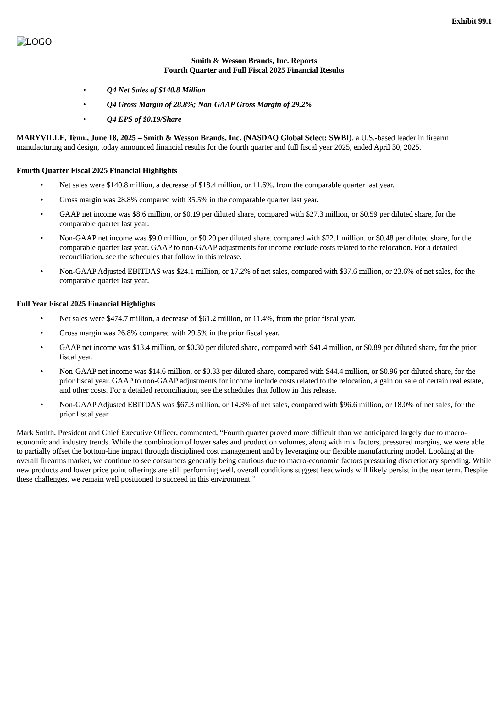 Smith & Wesson Brands' Q4 2025 Press Release