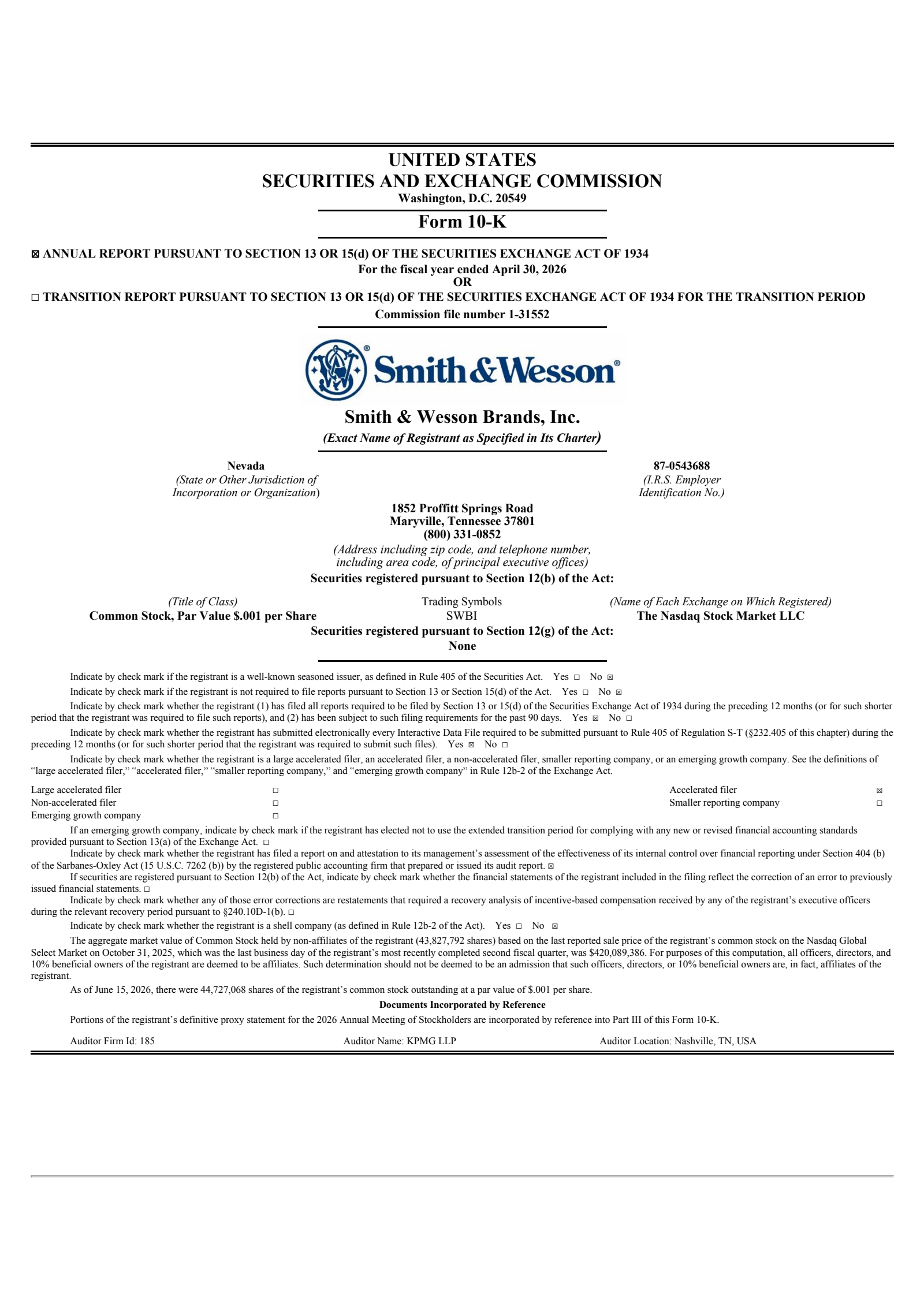 Smith & Wesson Brands' Q4 2026 Annual report
