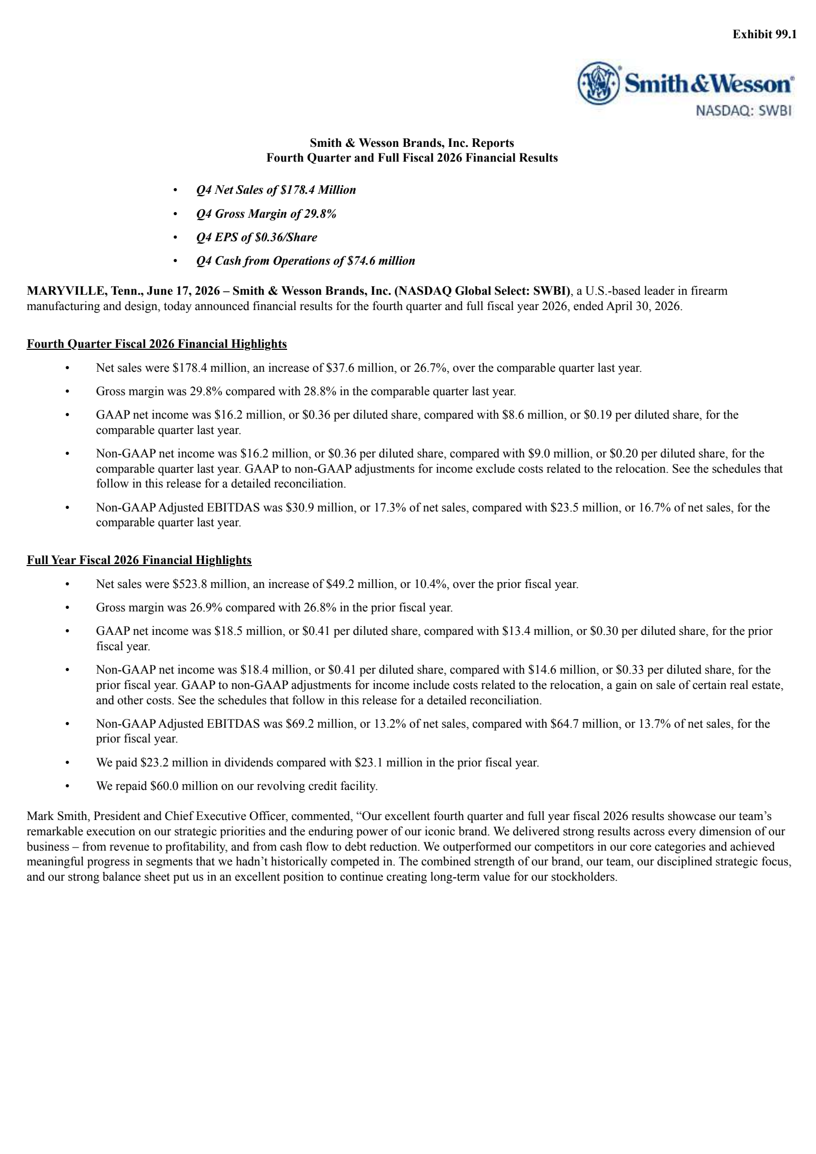 Smith & Wesson Brands' Q4 2026 Press Release