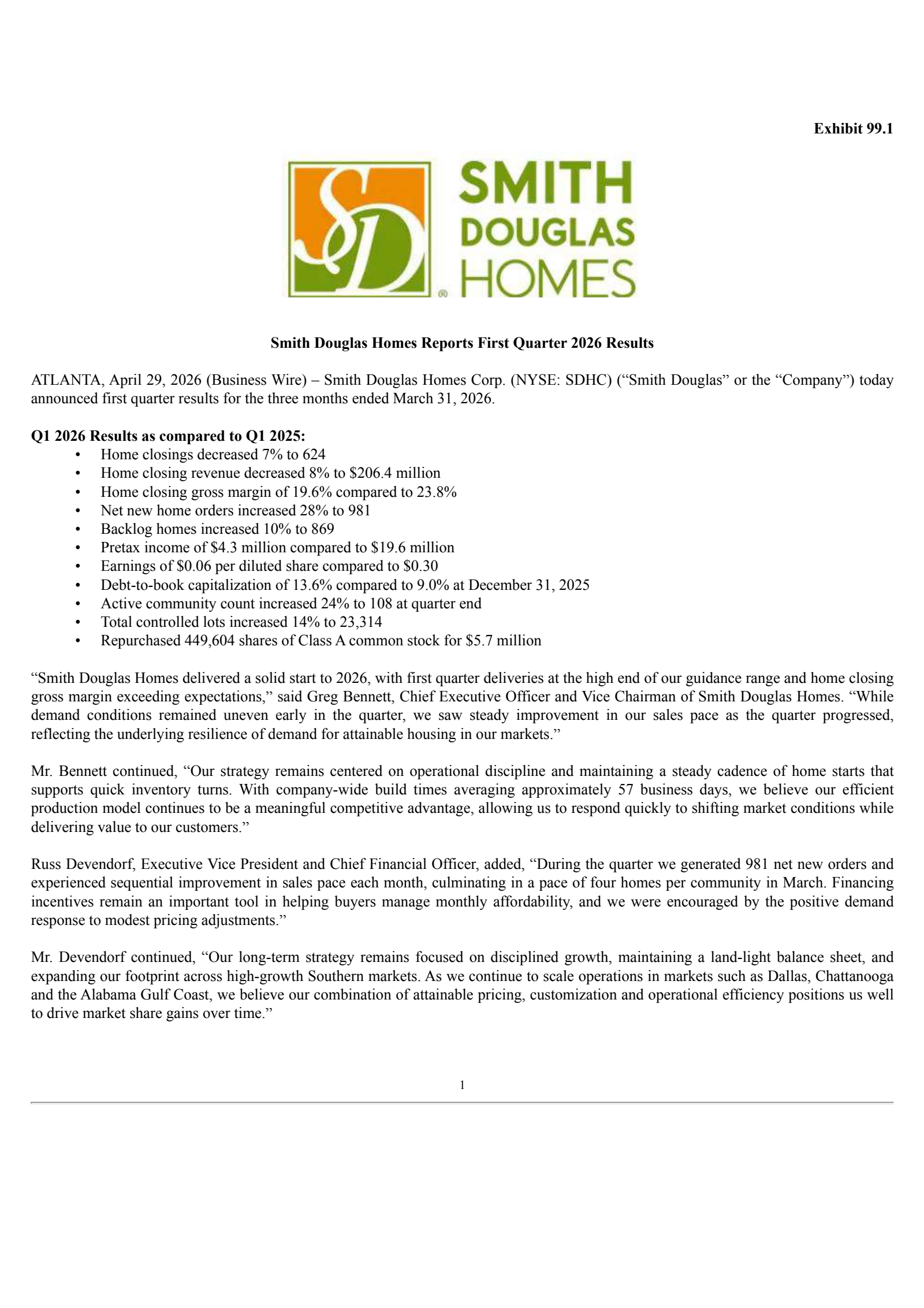Smith Douglas Homes' Q1 2026 Press Release